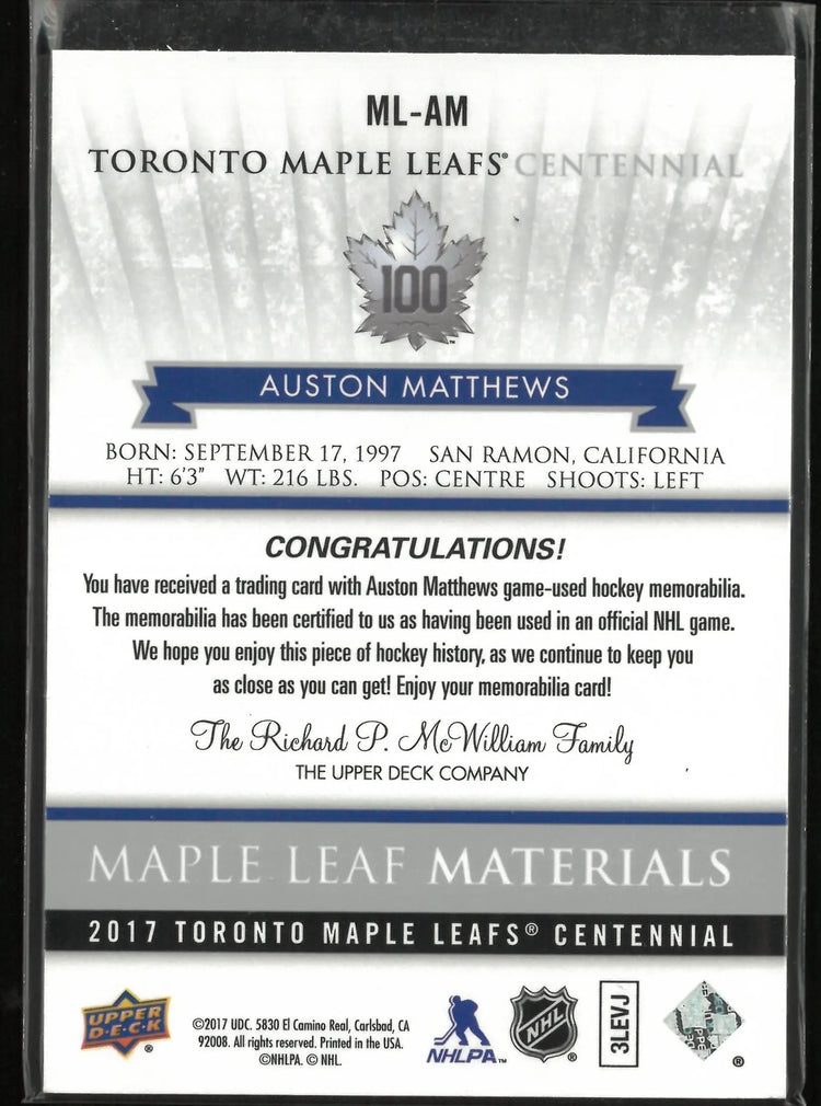 2017 Upper Deck Toronto Maple Leafs Centennial Rookie Materials Auston Matthews 