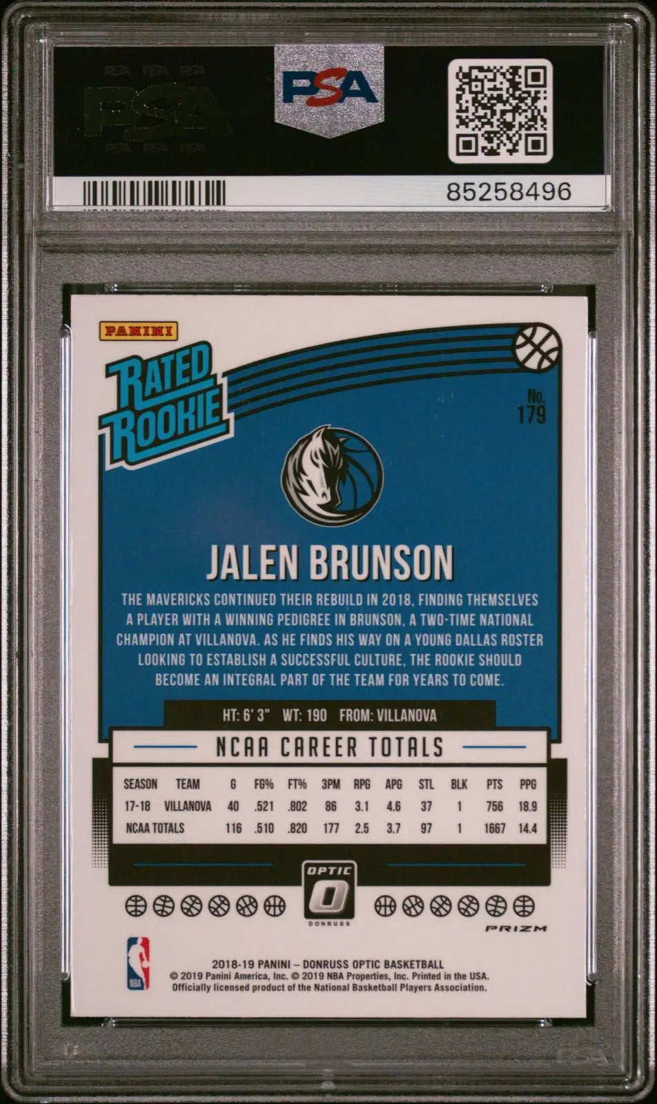 2018-19 Panini Donruss Optic Rated Rookie Jalen Brunson RC Blue Velocity PSA 10 