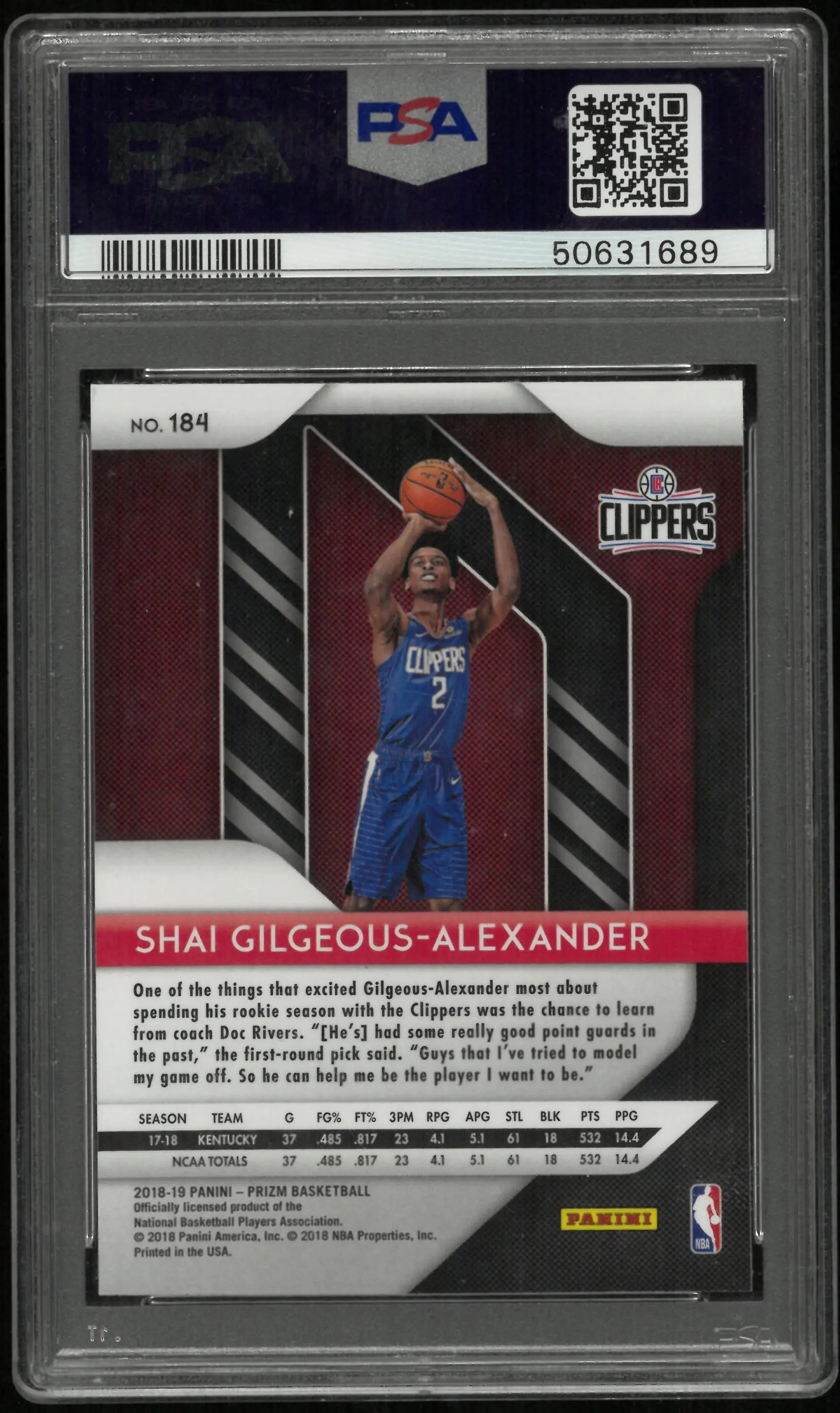 2018-19 Panini Prizm Rookie Shai Gilgeous-Alexander #184 PSA 9 