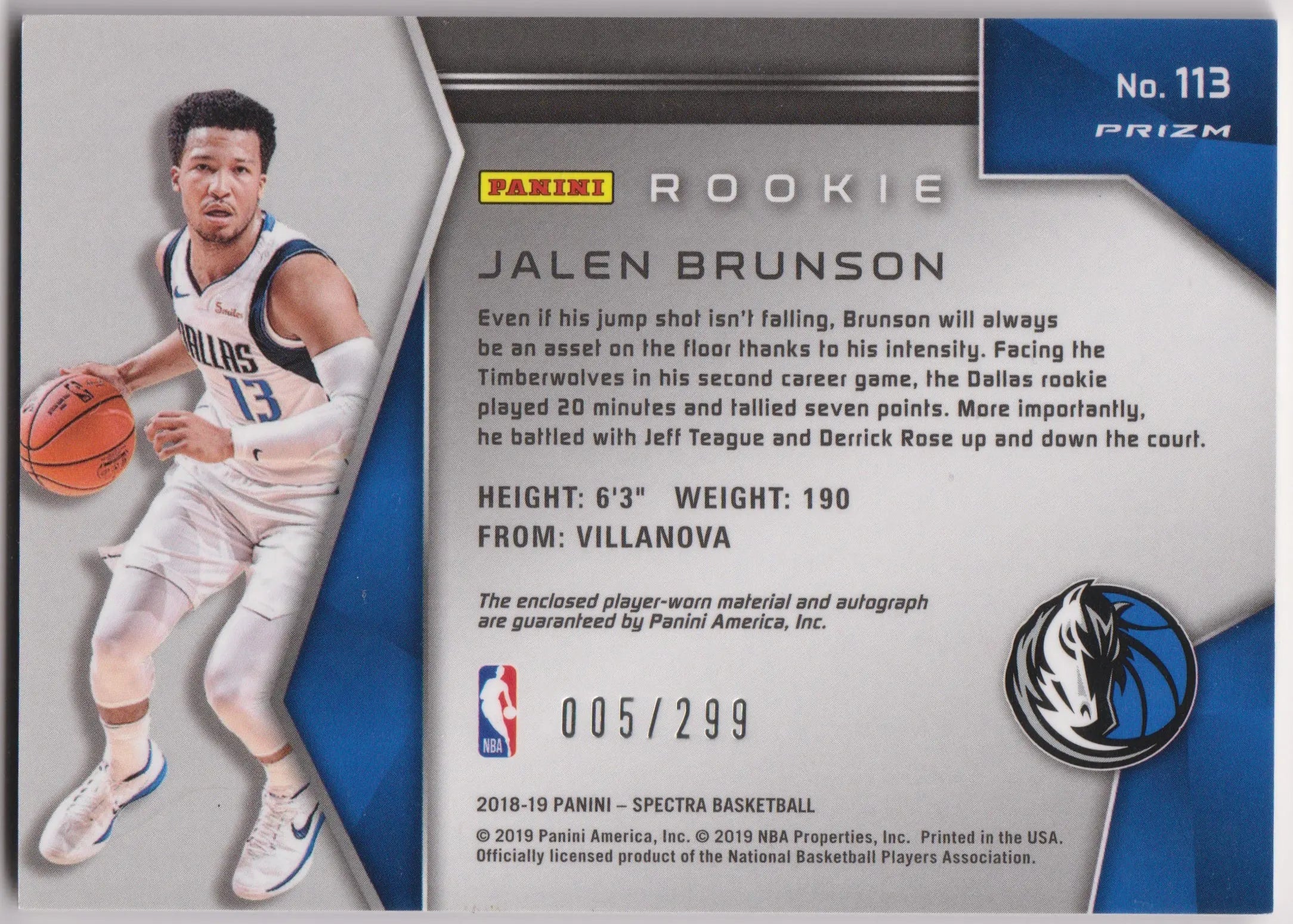 2018-19 Panini Spectra Rookie Autograph Patch Jalen Brunson Auto RC /299 