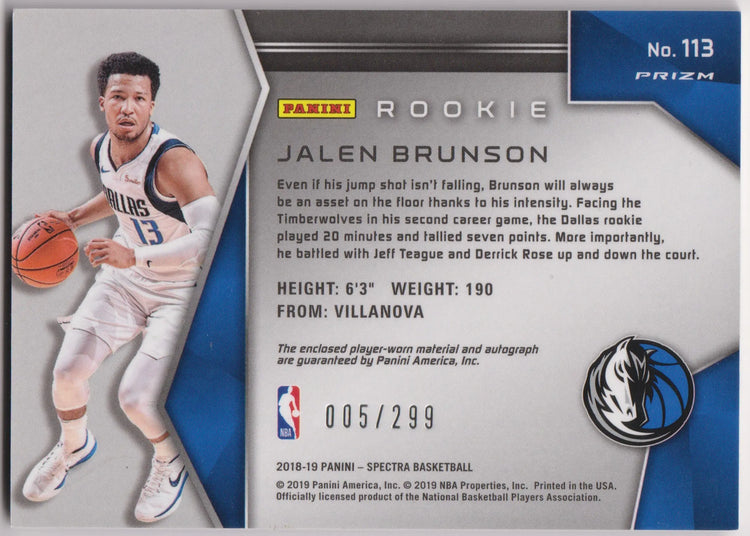 2018-19 Panini Spectra Rookie Autograph Patch Jalen Brunson Auto RC /299 