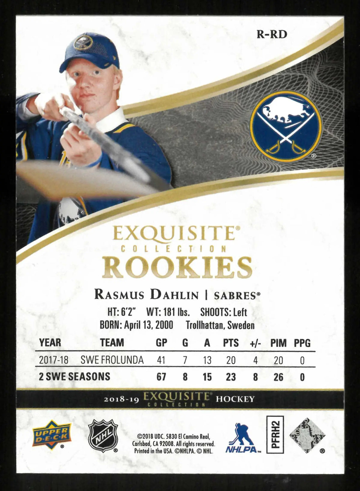 2018-19 UD Exquisite Collection Rookies Rasmus Dahlin RC Gold Spectrum /26 