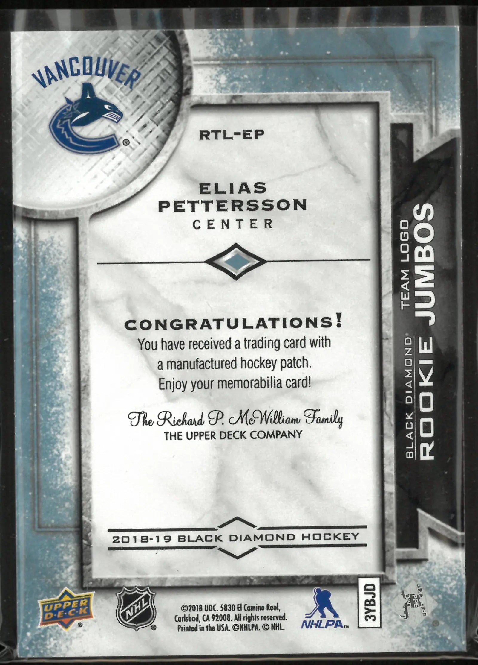 2018-19 Upper Deck Black Diamond Team Logo Rookie Jumbos Elias Pettersson RC 