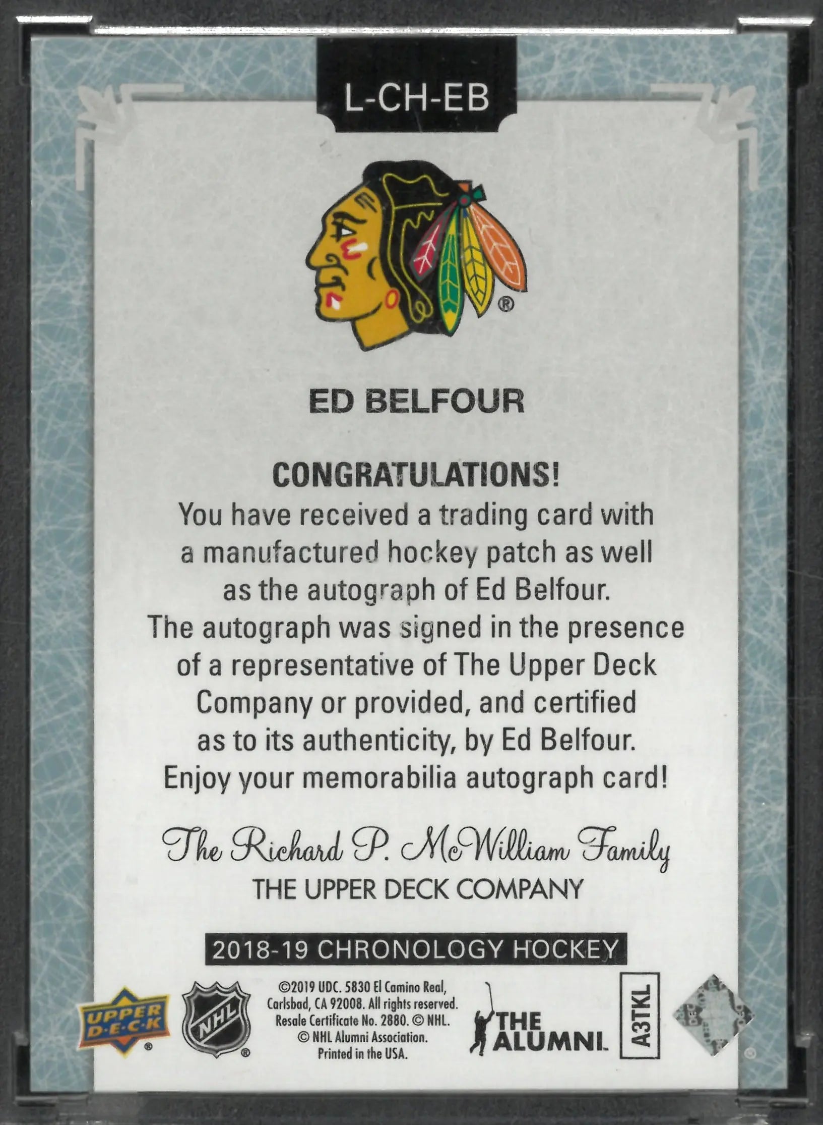 2018-19 Upper Deck Chronology Letterman Autograph Patch Ed Belfour Auto /15 