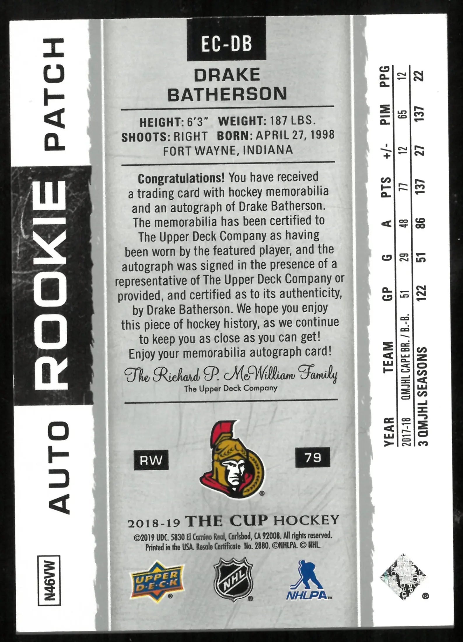 2018-19 Upper Deck Exquisite Rookie Patch Auto Drake Batherson /79 