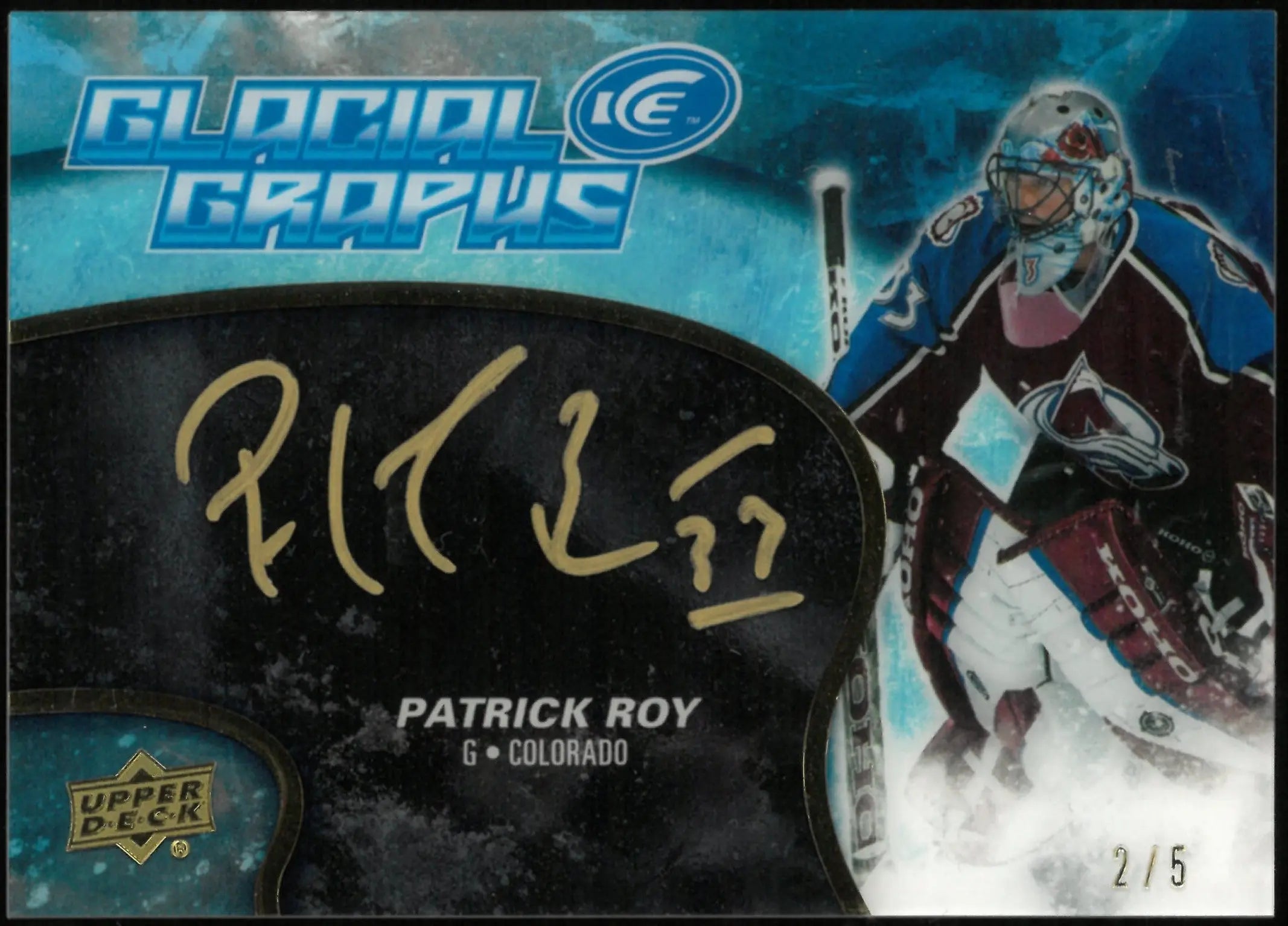 2018-19 Upper Deck Ice Hockey Patrick Roy Glacial Graphs Gold Auto /5 