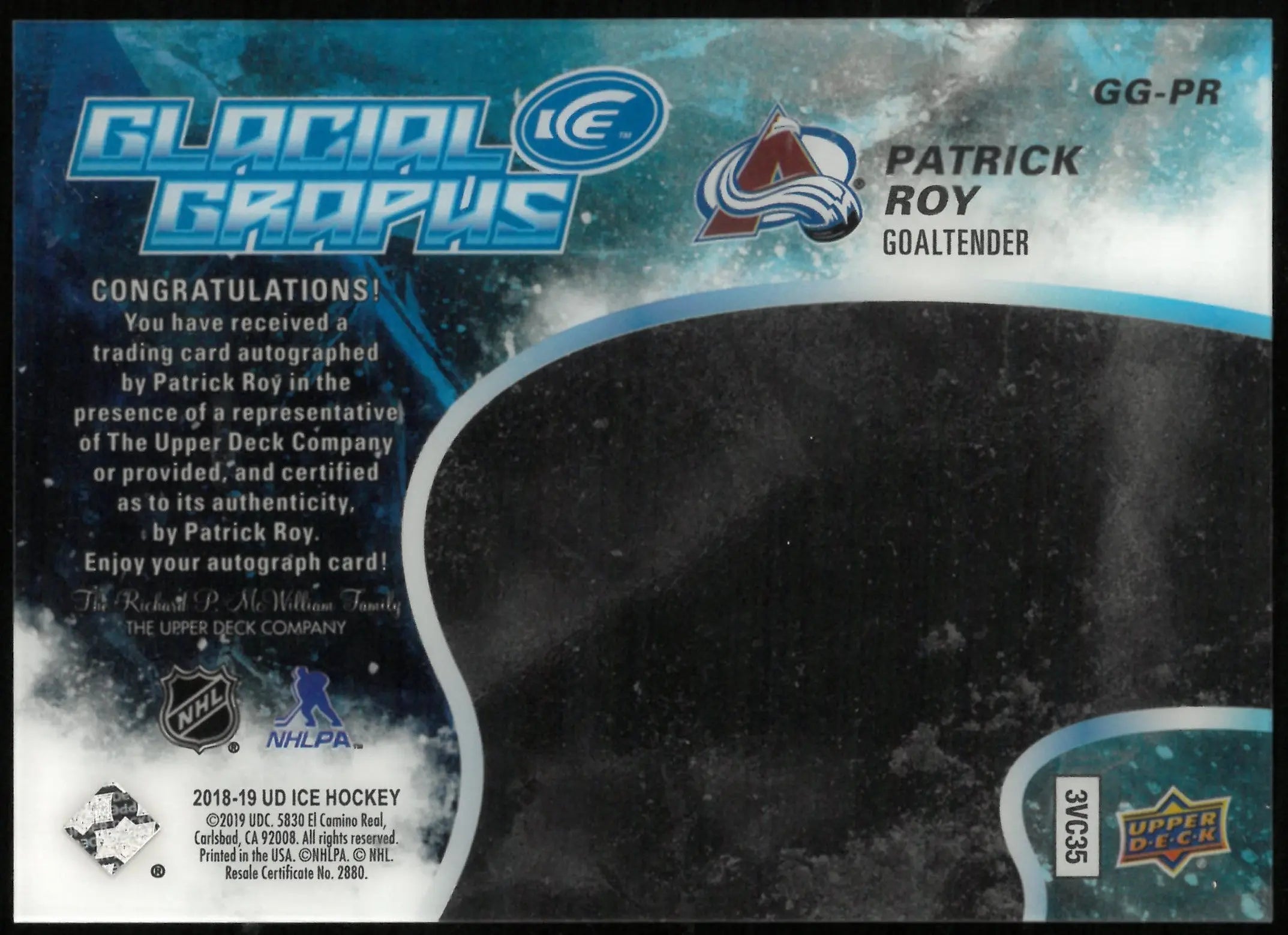 2018-19 Upper Deck Ice Hockey Patrick Roy Glacial Graphs Gold Auto /5 