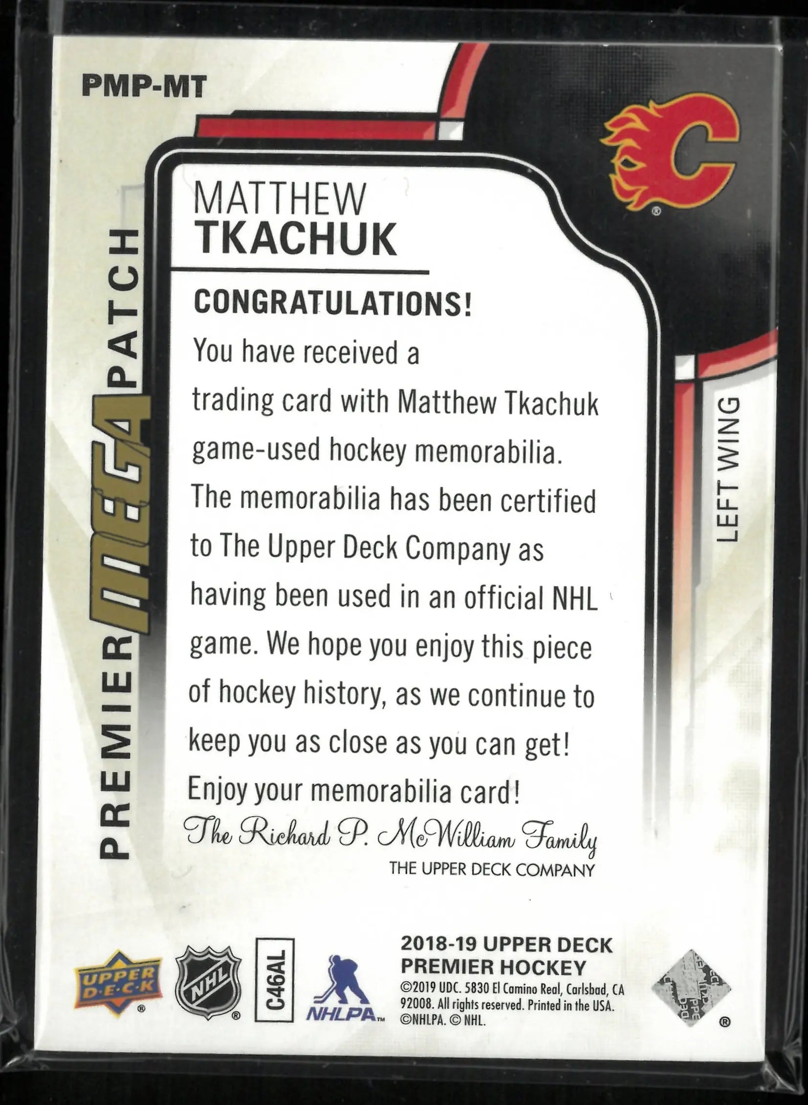 2018-19 Upper Deck Premier Matthew Tkachuk Premier Mega Patch Chest Logo /26 