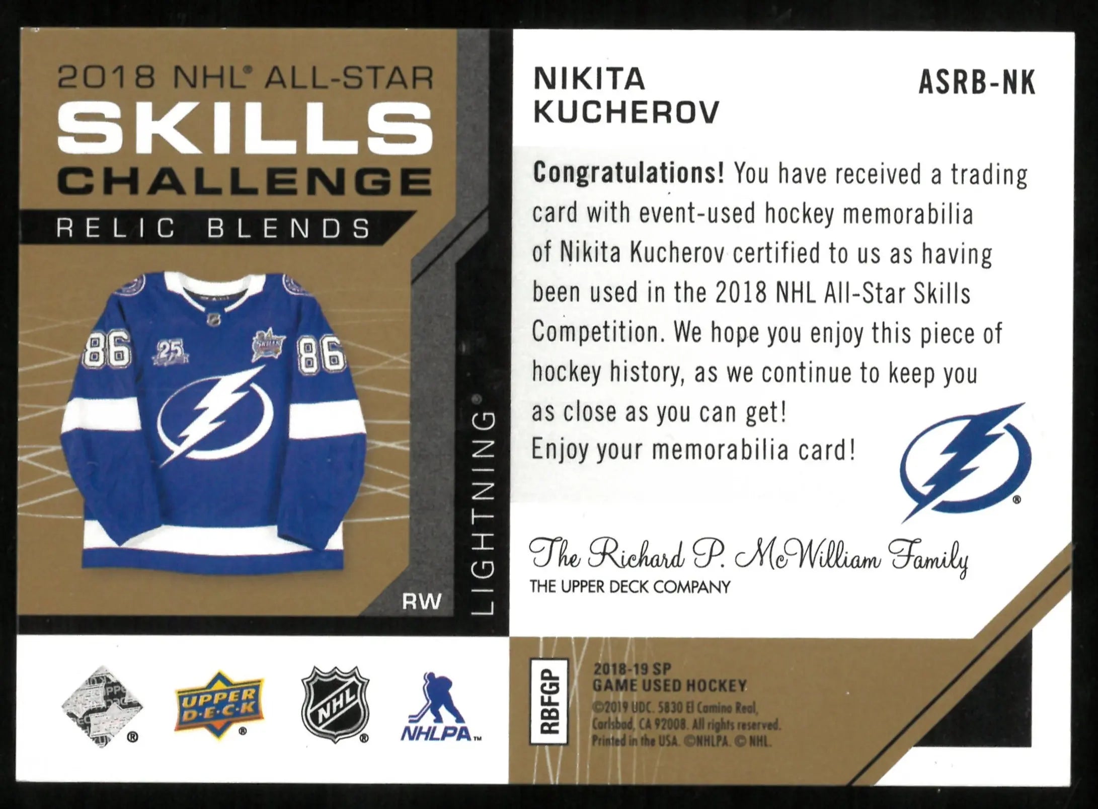 2018-19 Upper Deck SP Game Used Patches Nikita Kucherov /15 