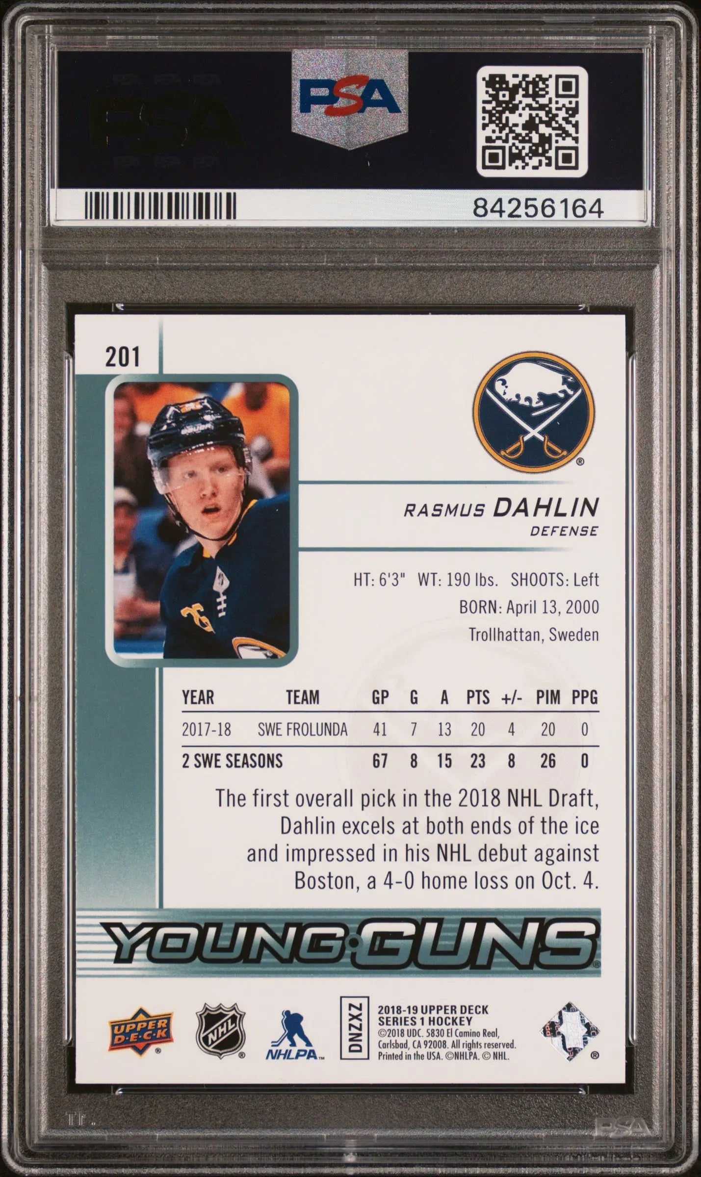 2018-19 Upper Deck Series 1 Hockey Rasmus Dahlin Young Guns RC PSA 10 