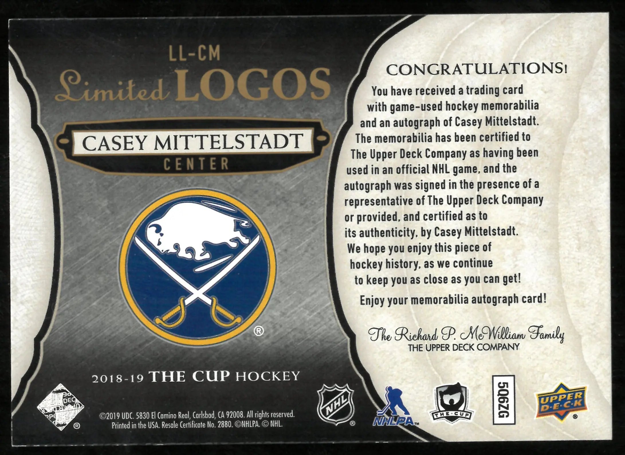 2018-19 Upper Deck The Cup Hockey Limited Logos Patch Auto Casey Mittelstadt /50 