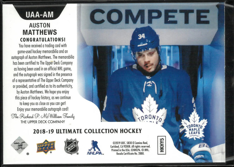 2018-19 Upper Deck Ultimate Access Autograph Patch Auston Matthews Auto /125 