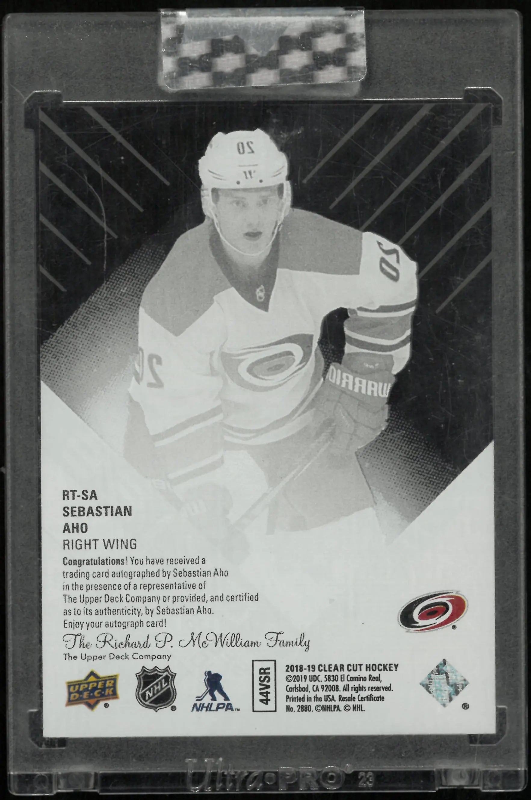 2018-2019 UD SP Authentic Clear Cut Sebastian Aho RC Rookie Auto 
