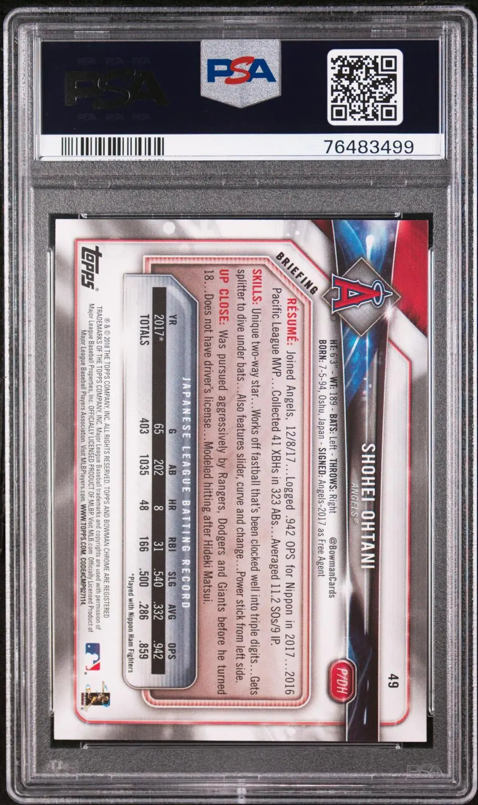 2018 Bowman Baseball Rookie Shohei Ohtani RC PSA 10 