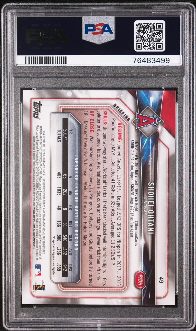 2018 Bowman Baseball Rookie Shohei Ohtani RC PSA 10 