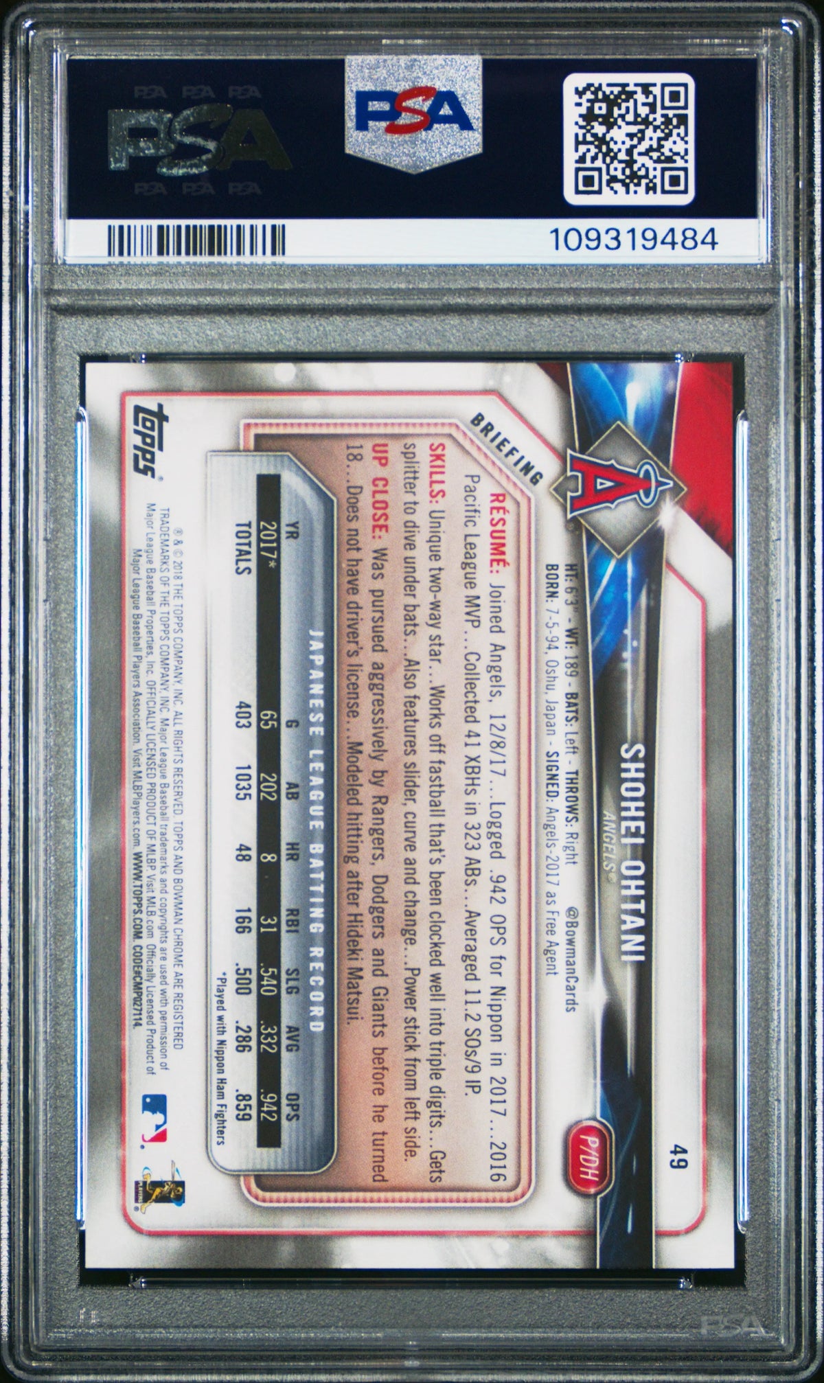 2018 Bowman Rookie Shohei Ohtani RC PSA 9  (B) 
