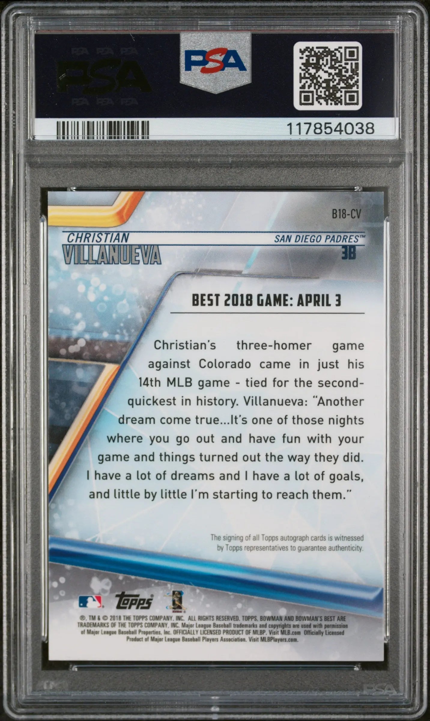 2018 Bowman's Best Best Of 2018 Autographs Christian Villanueva RC PSA 10 