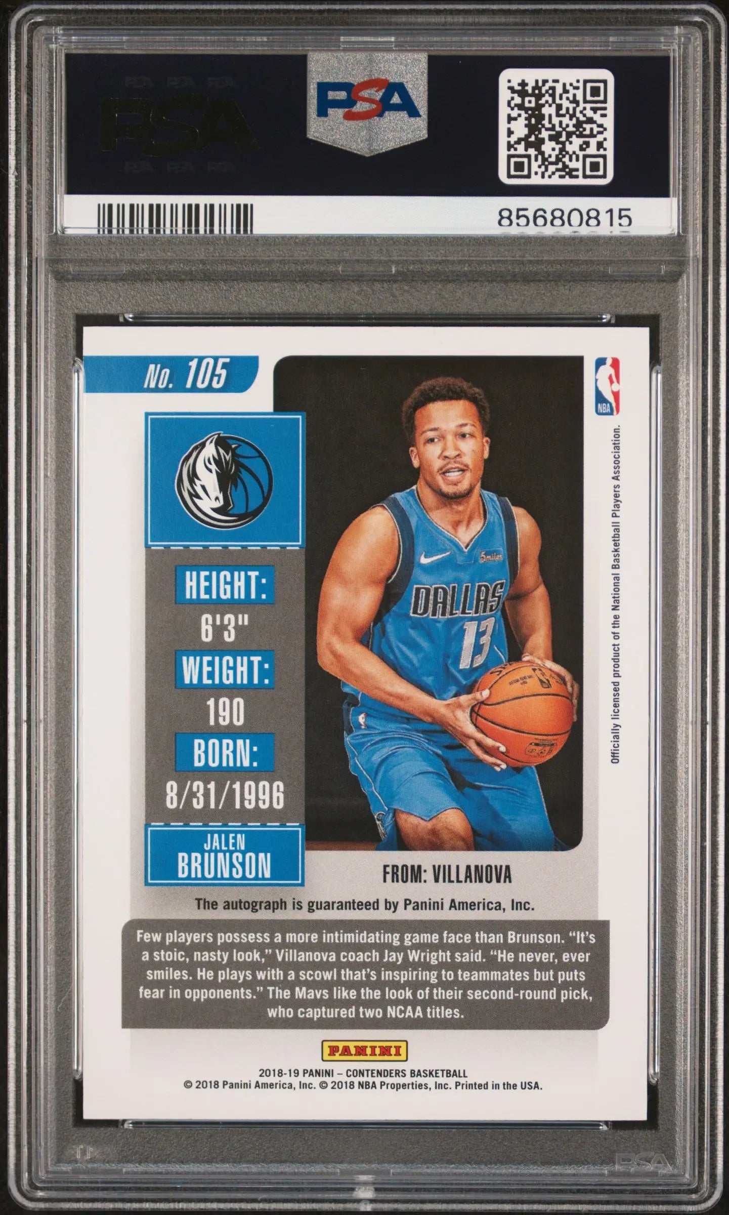 2018 Contenders Jalen Brunson RC Rookie Ticket Variation Autograph Auto PSA 10 