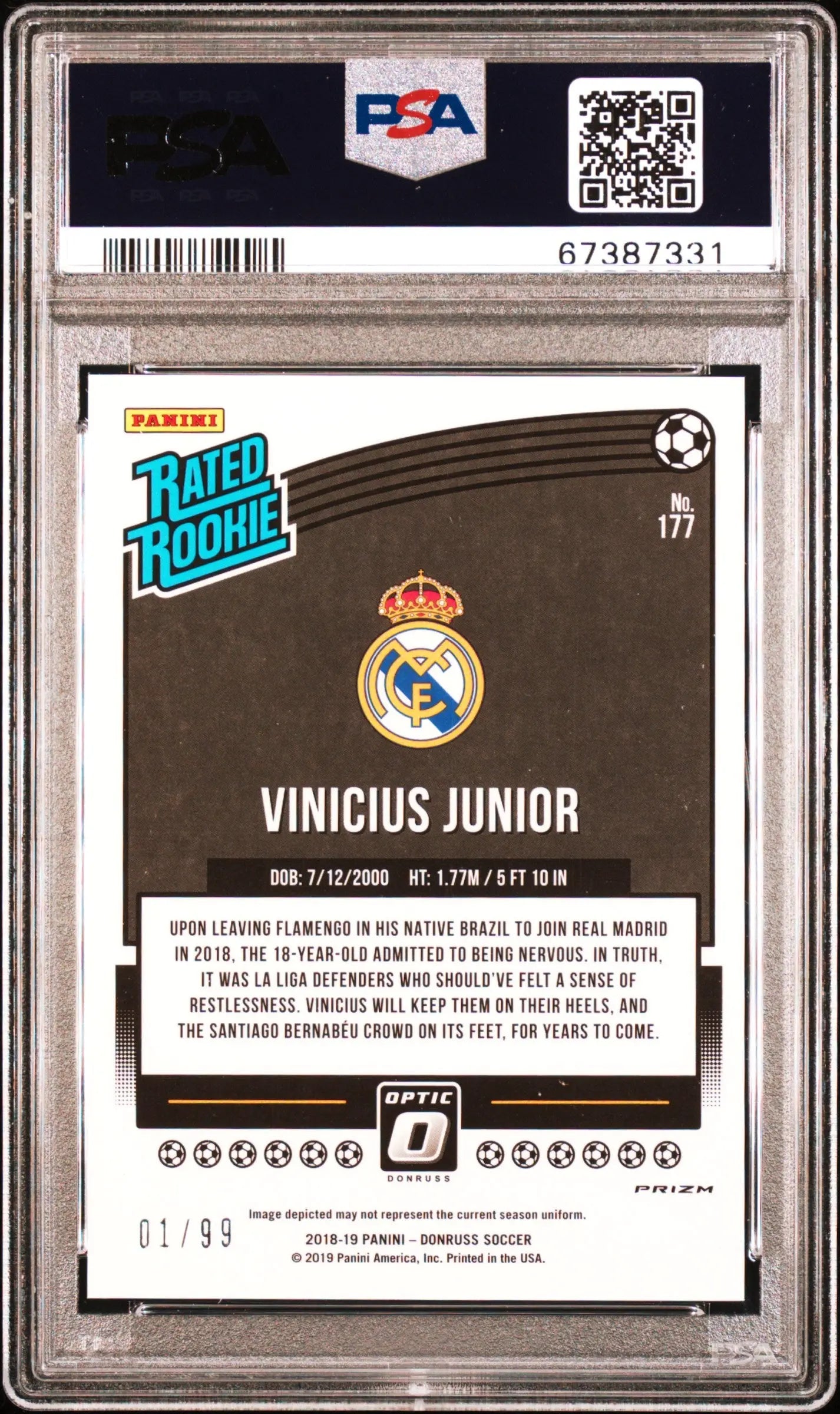 2018 Donruss Optic Soccer Vinicius Junior Rated Rookie RC Orange PSA 10 1/99 