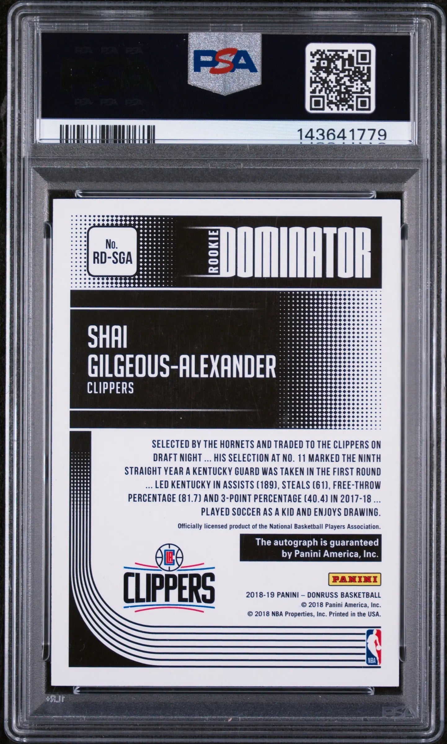 2018 Donruss Rookie Dominator Signatures Auto S. Gilgeous-Alexander PSA 9 /99 
