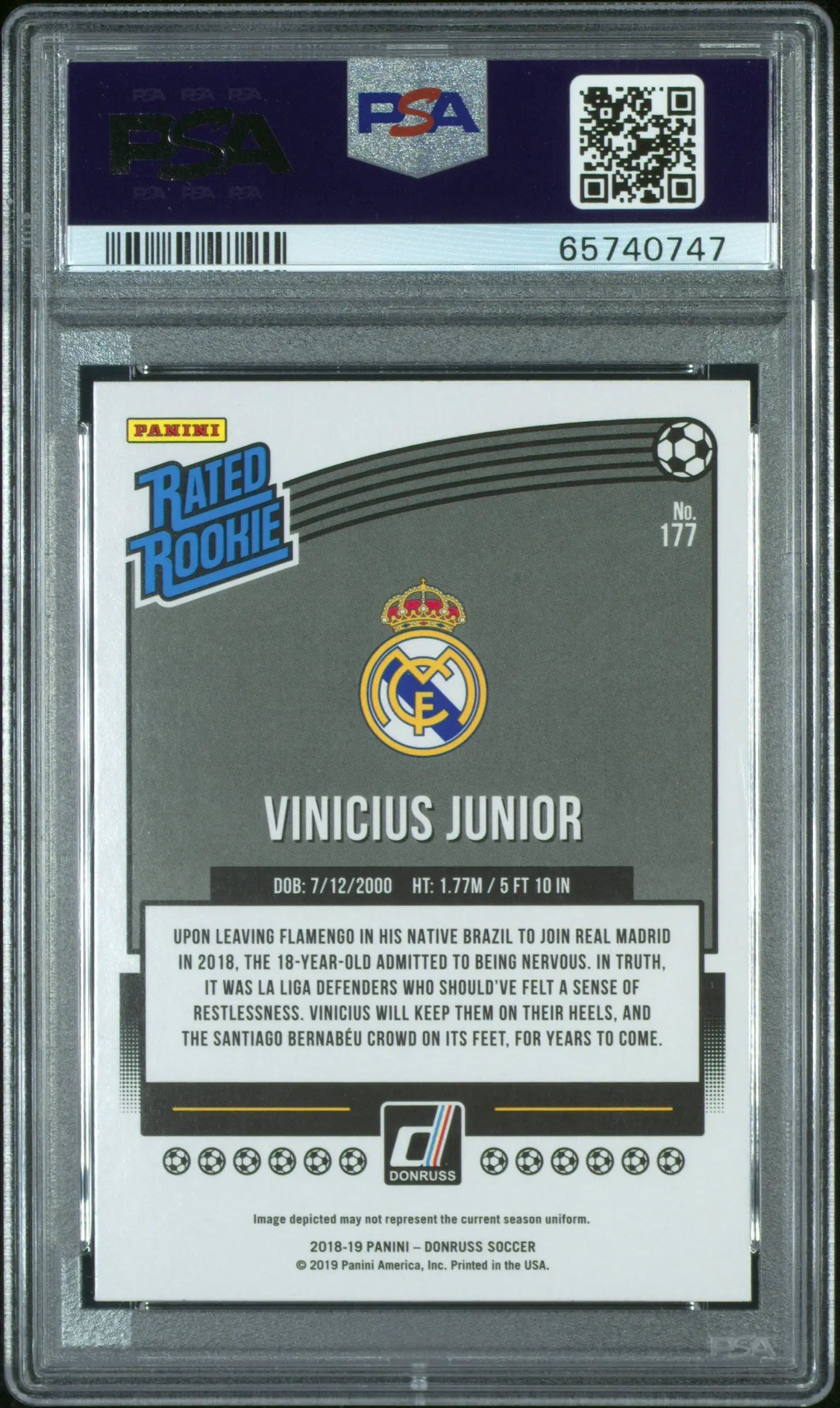 2018 Donruss Soccer Vinicius Junior Rated Rookie RC Press Proof Silver PSA 9 