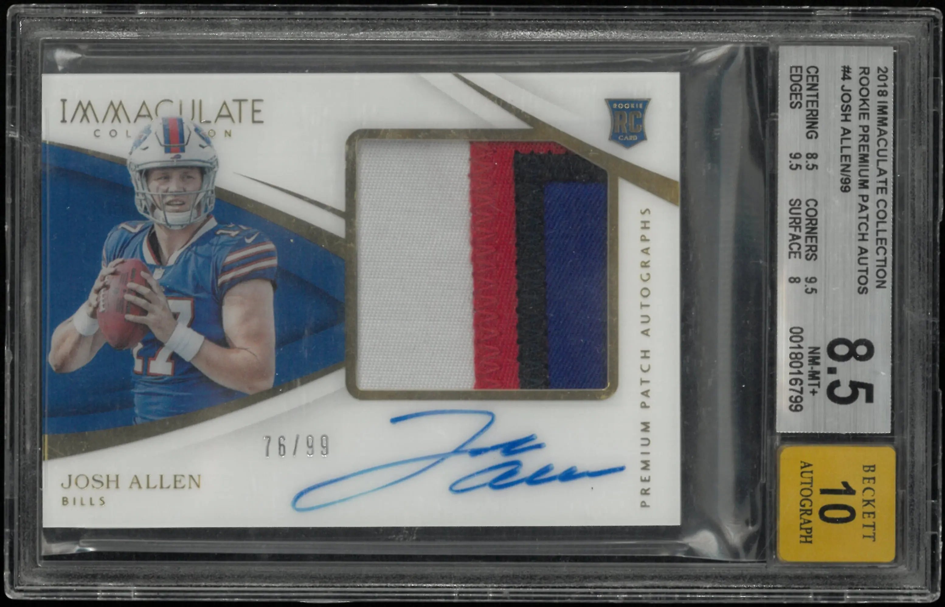 2018 Immaculate Football Rookie Premium Patch Autograph Josh Allen /99 BGS 8.5 