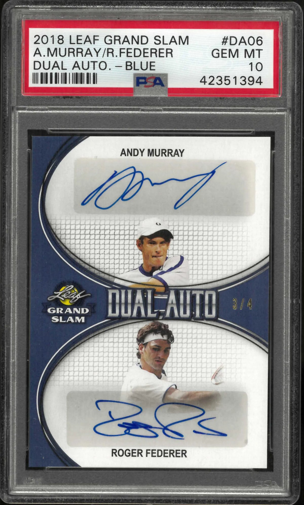 2018 Leaf Grand Slam Tennis Dual Auto Murray Federer Blue PSA 10 /4 