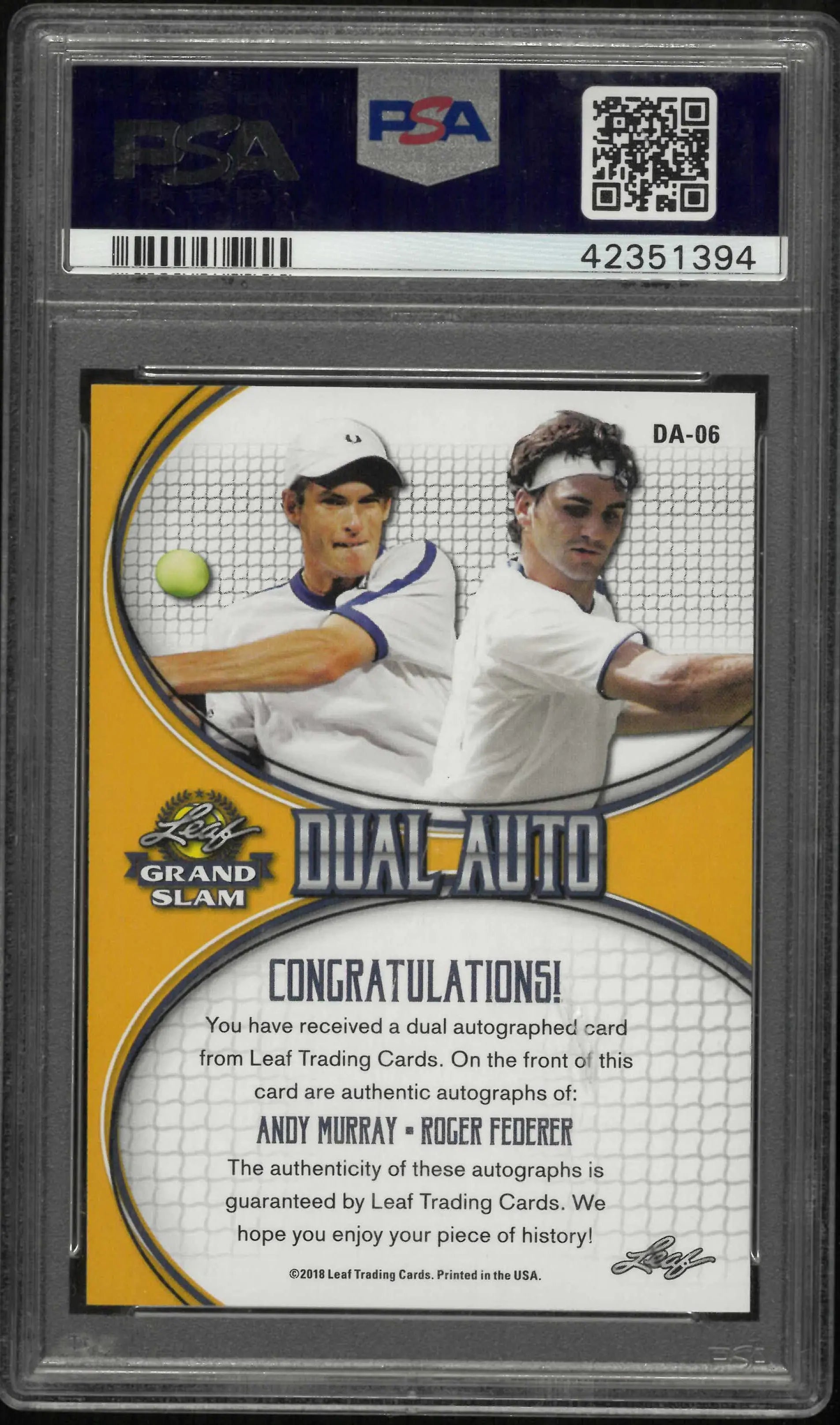 2018 Leaf Grand Slam Tennis Dual Auto Murray Federer Blue PSA 10 /4 
