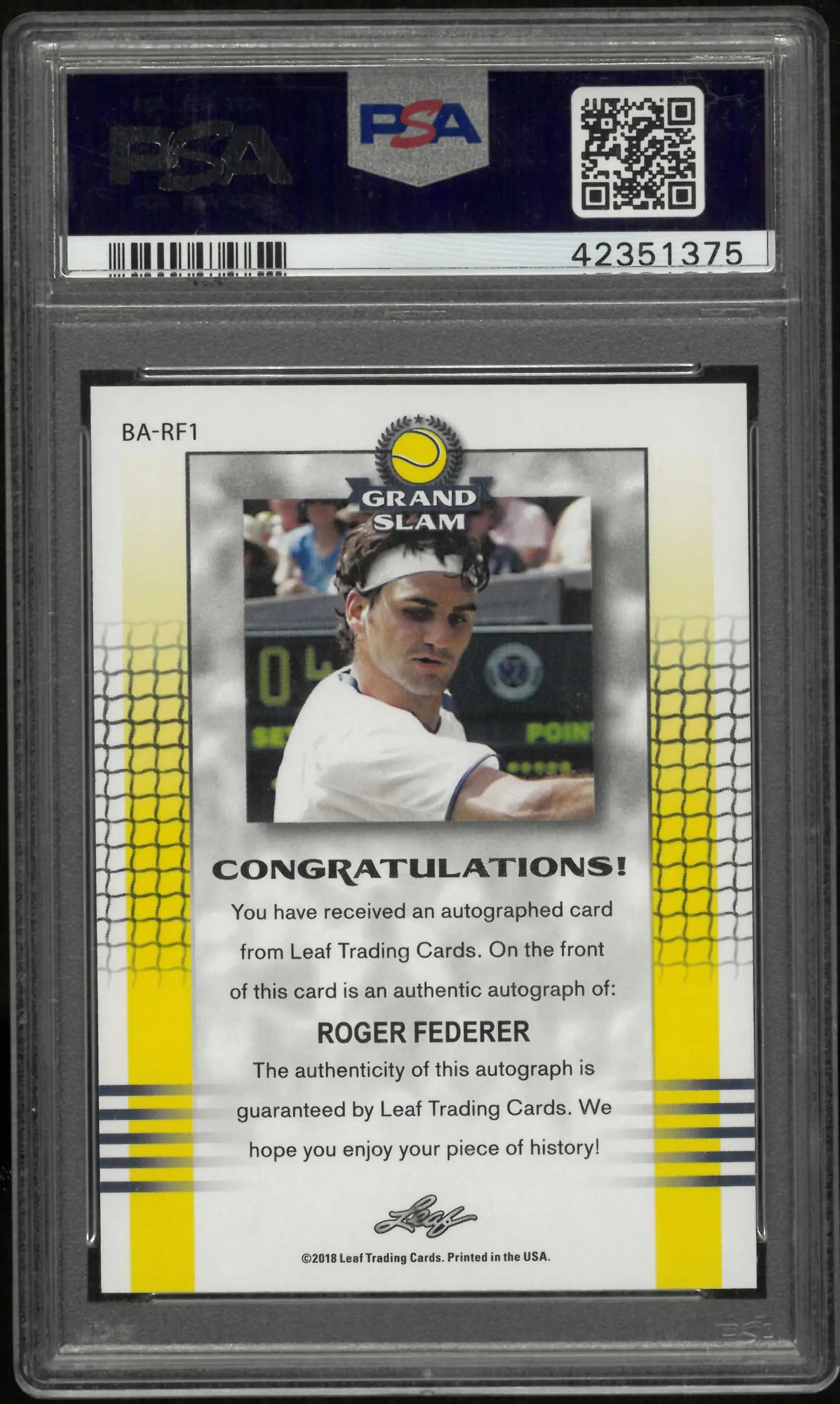 2018 Leaf Grand Slam Tennis Roger Federer Auto Blue PSA 10 /5 