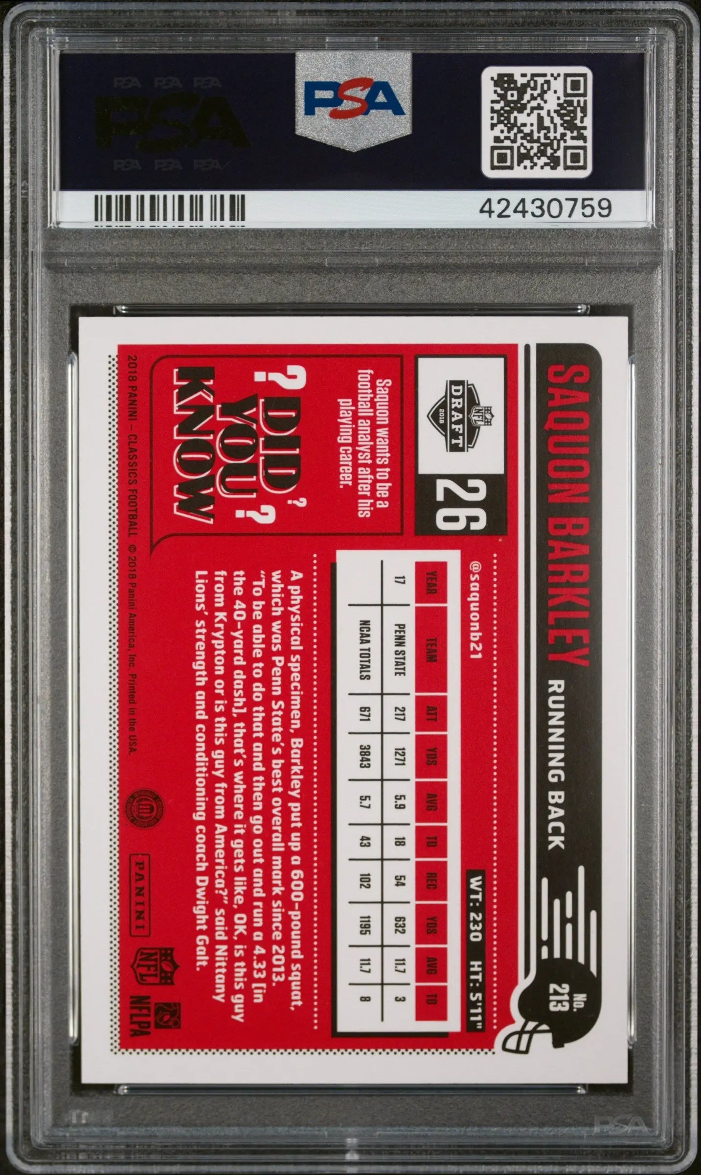 2018 Panini Classics Football Saquon Barkley RC Rookie Red Back PSA 10 /299 