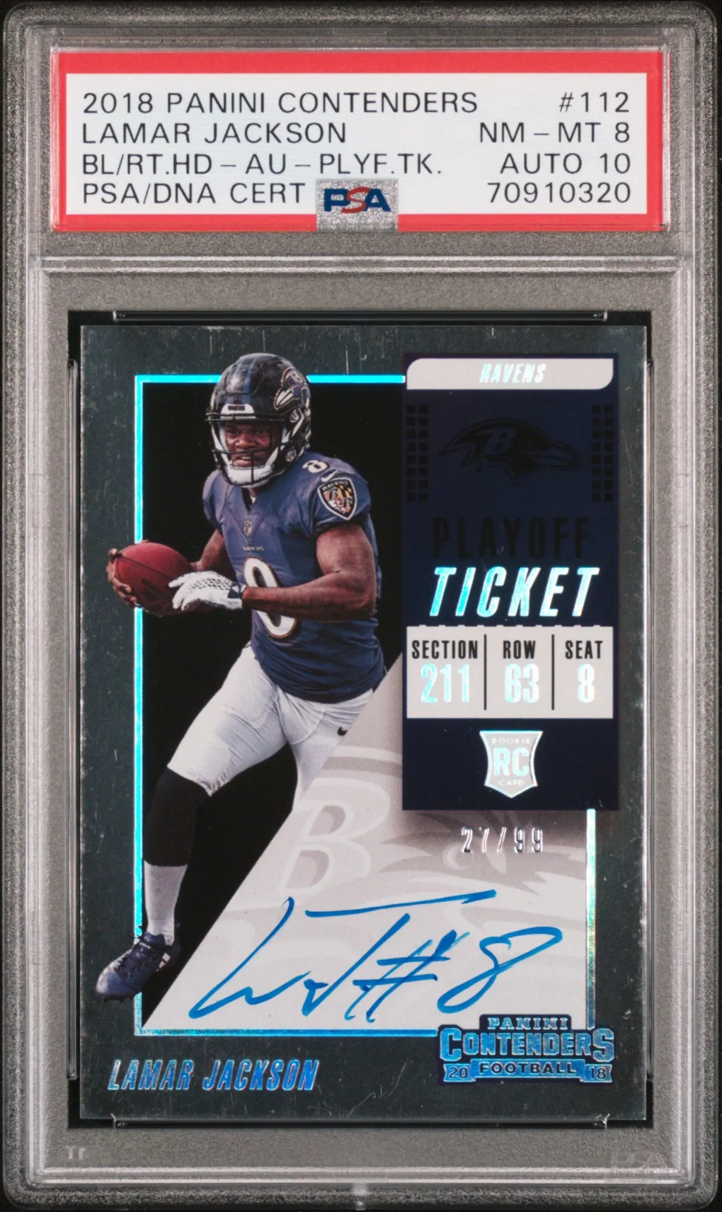 2018 Panini Contenders Autograph Rookie Lamar Jackson Auto /99 RC PSA 8 Auto 10 