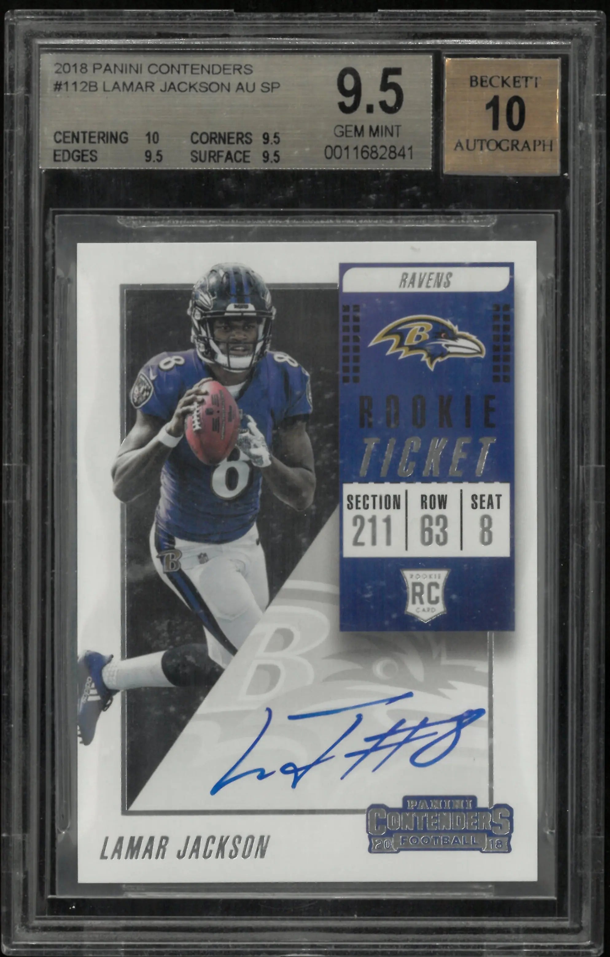 2018 Panini Contenders Lamar Jackson RC Rookie Ticket Auto BGS 9.5 Auto 10 