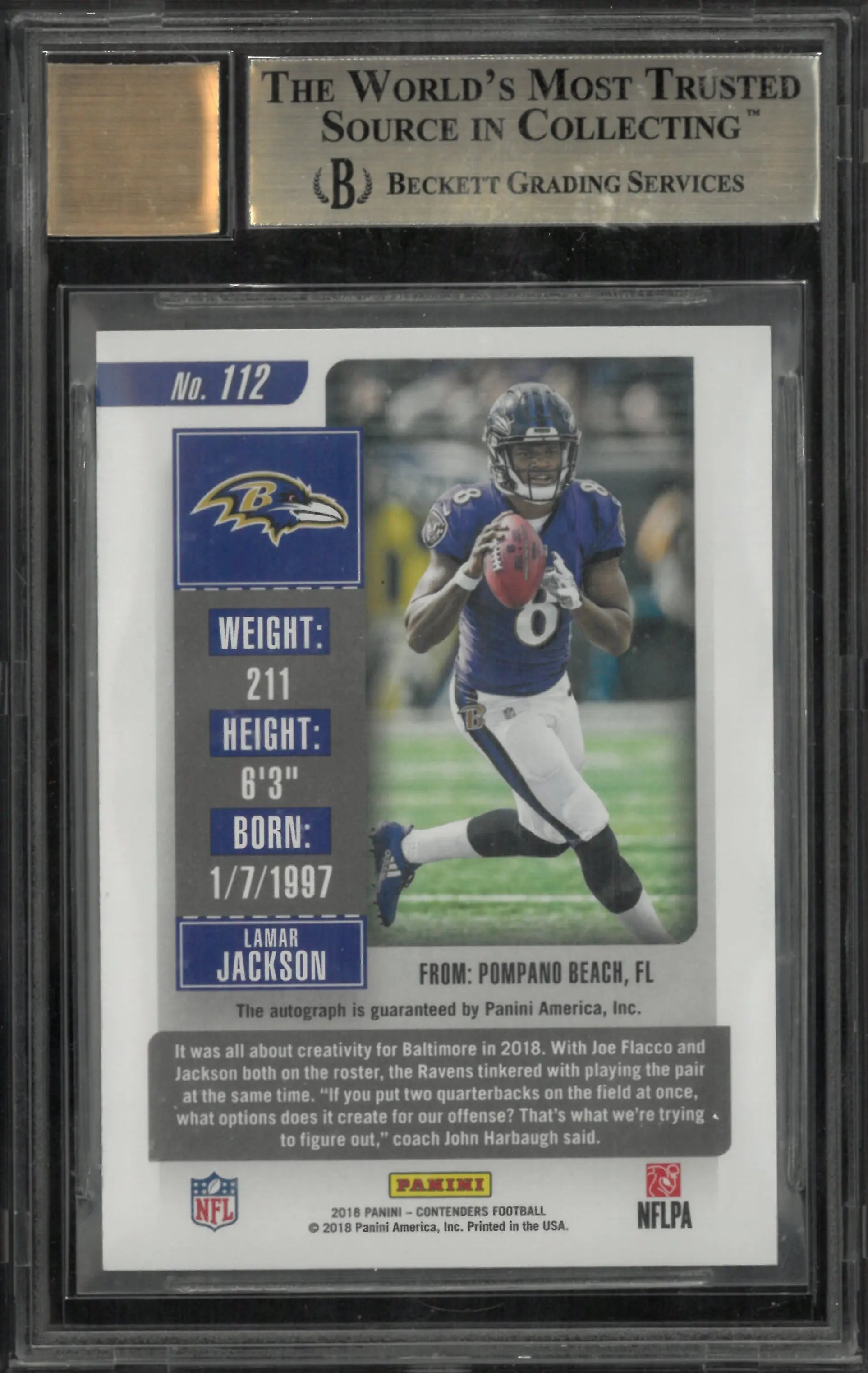 2018 Panini Contenders Lamar Jackson RC Rookie Ticket Auto BGS 9.5 Auto 10 