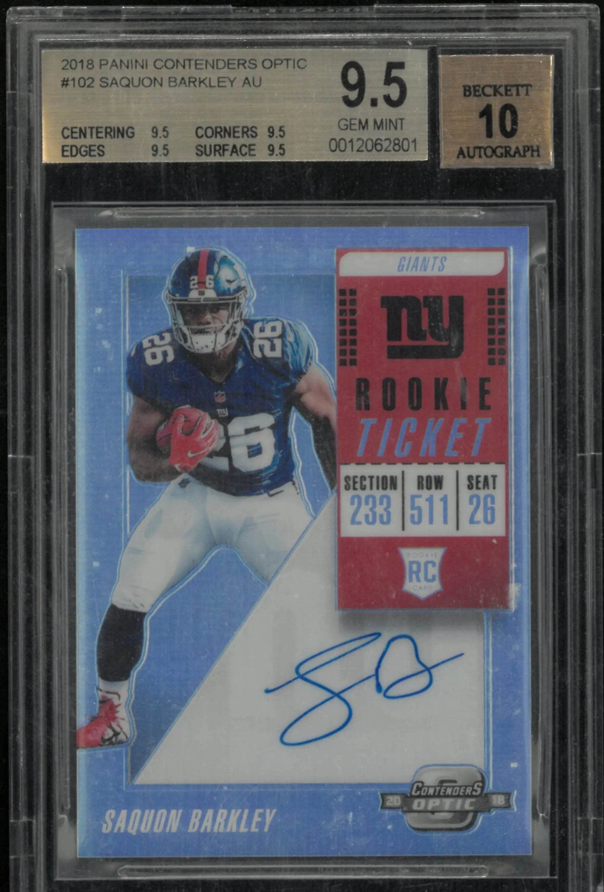 2018 Panini Contenders Optic Saquon Barkley RC Rookie Ticket Auto BGS 9.5 