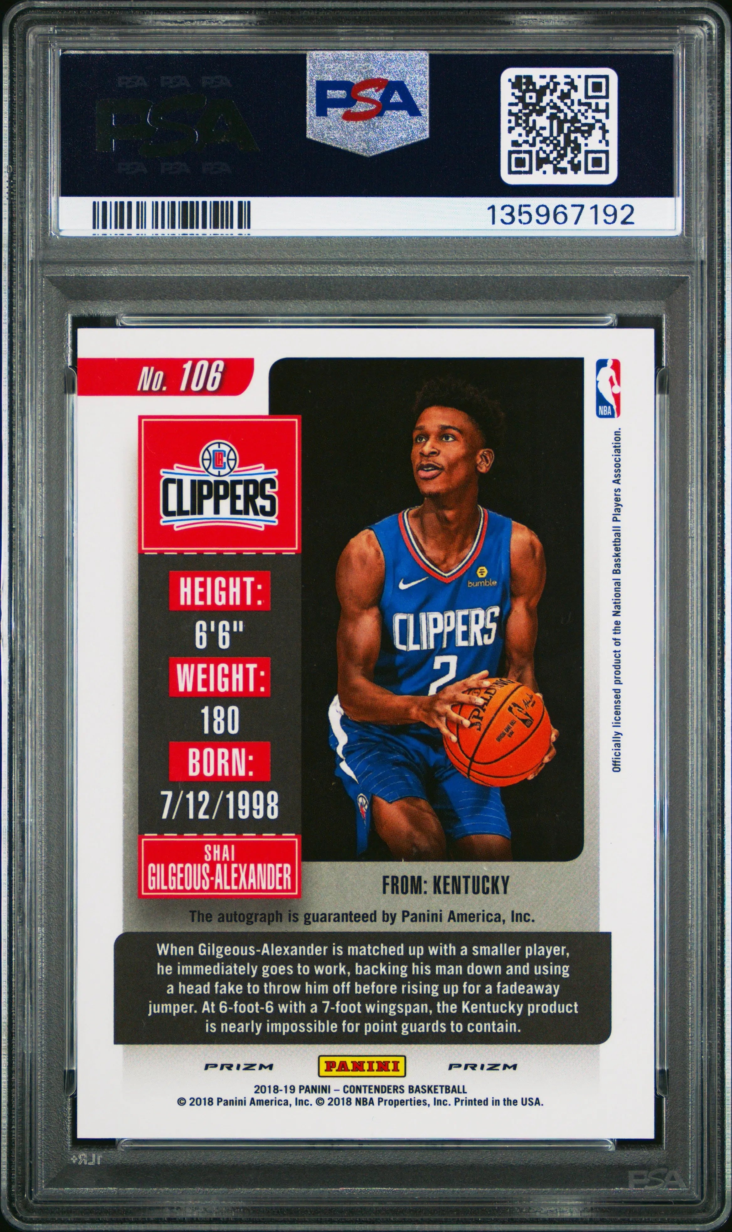2018 Panini Contenders Rookie Autograph Shai Gilgeous-Alexander Auto RC PSA 9 