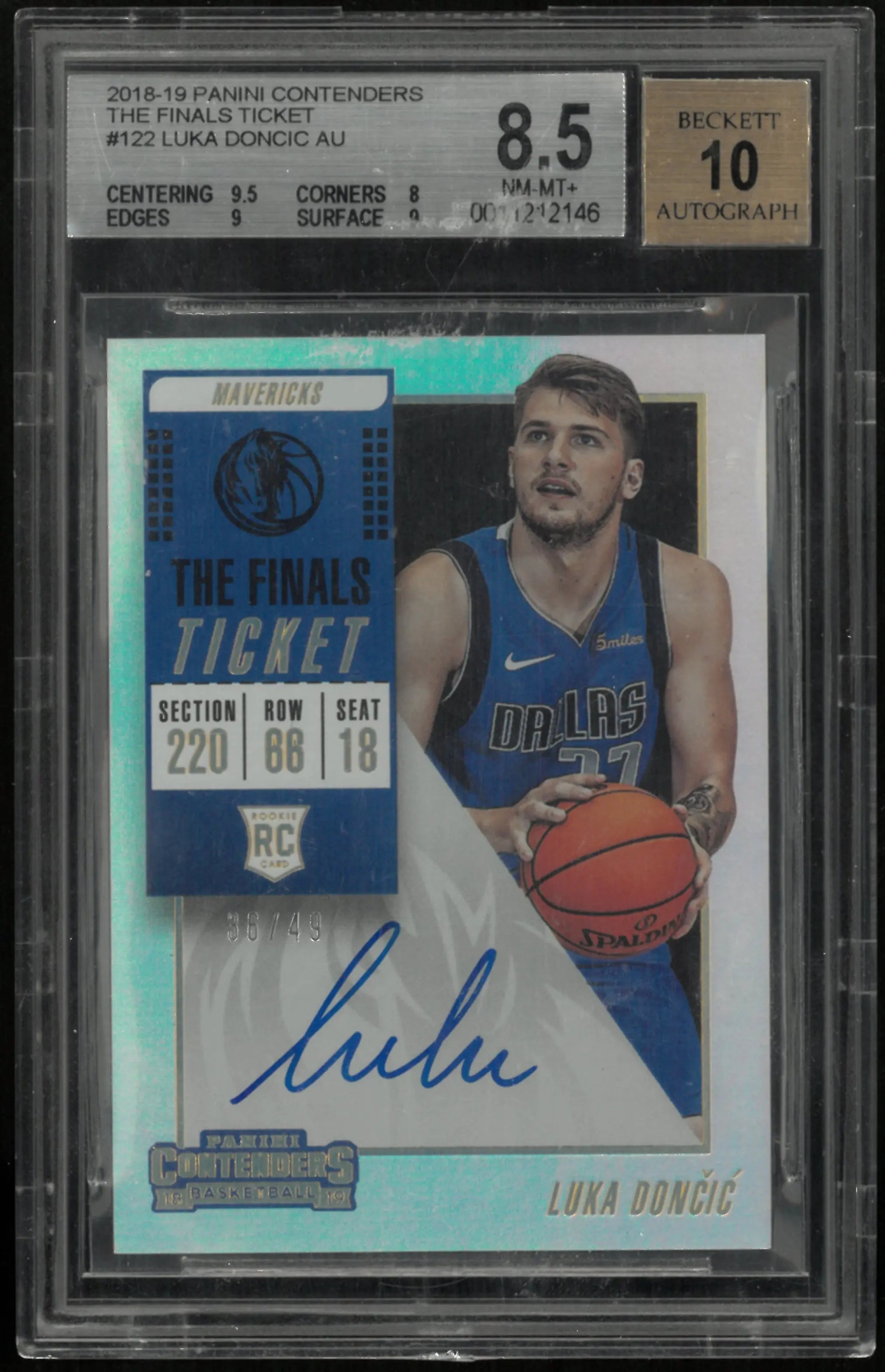 2018 Panini Contenders The Finals Ticket Luka Doncic RC Auto BGS 8.5 Auto 10 /49 