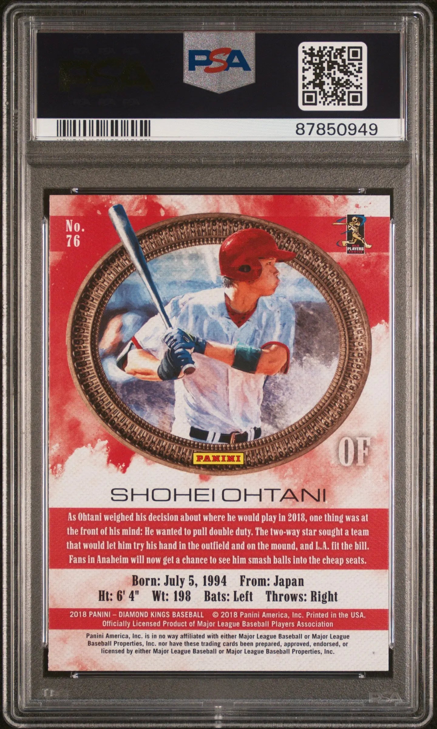2018 Panini Diamond Kings Rookie Shohei Ohtani Facing Right RC PSA 10 