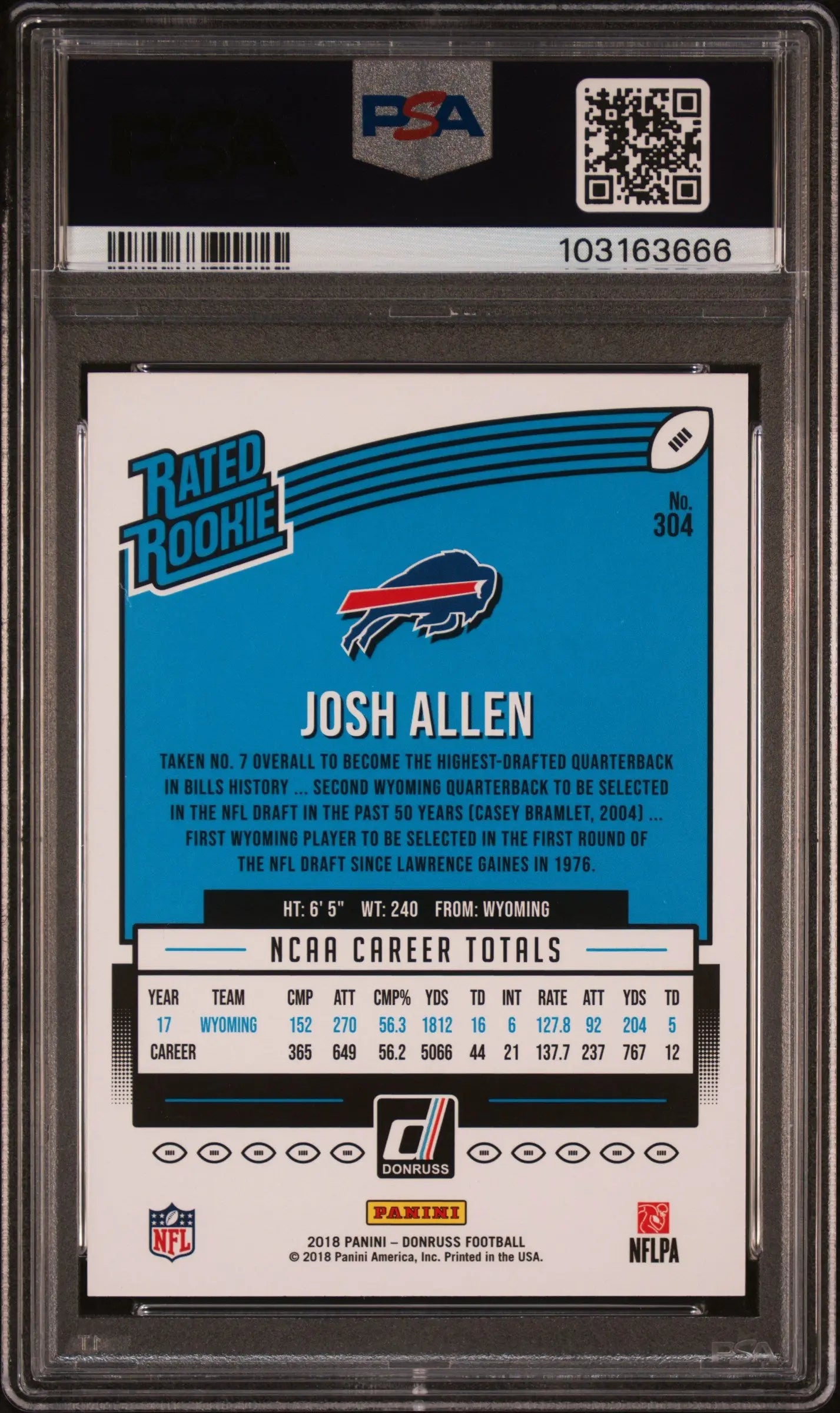 2018 Panini Donruss Football Josh Allen Rated Rookie #304 PSA 10 