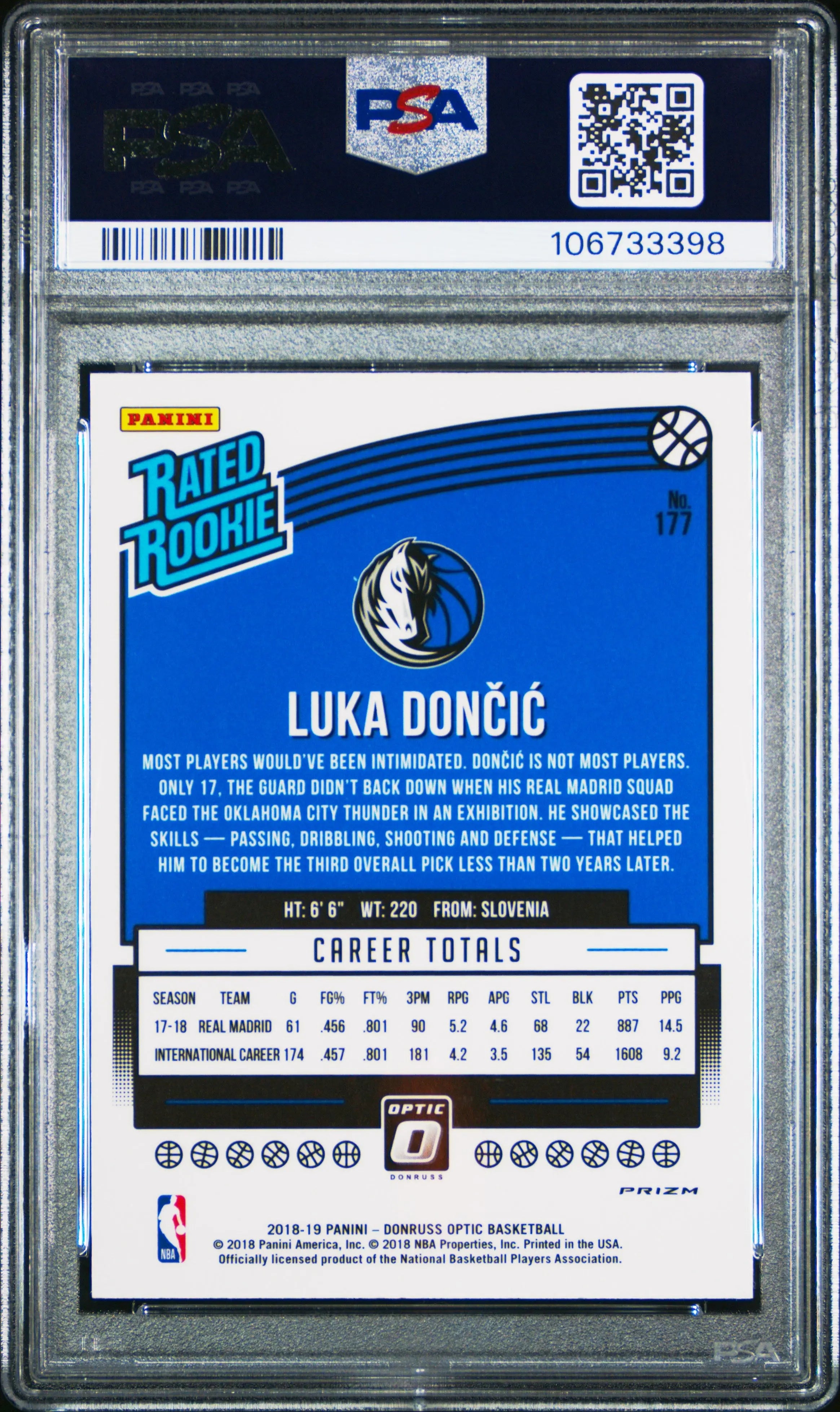 2018 Panini Donruss Optic Luka Doncic Rated Rookie #177 Shock PSA 9 