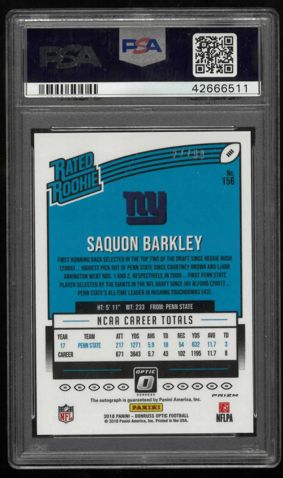 2018 Panini Donruss Optic Rated Rookie Autograph Saquon Barkley Holo /99 PSA 10 