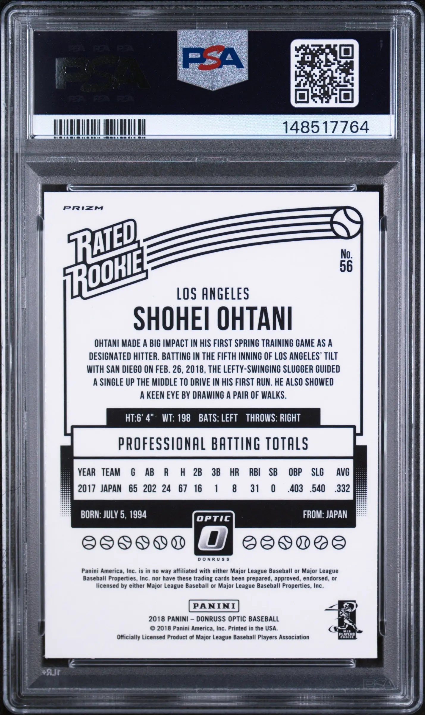 2018 Panini Donruss Optic Rated Rookie Shohei Ohtani Pink RC PSA 9 