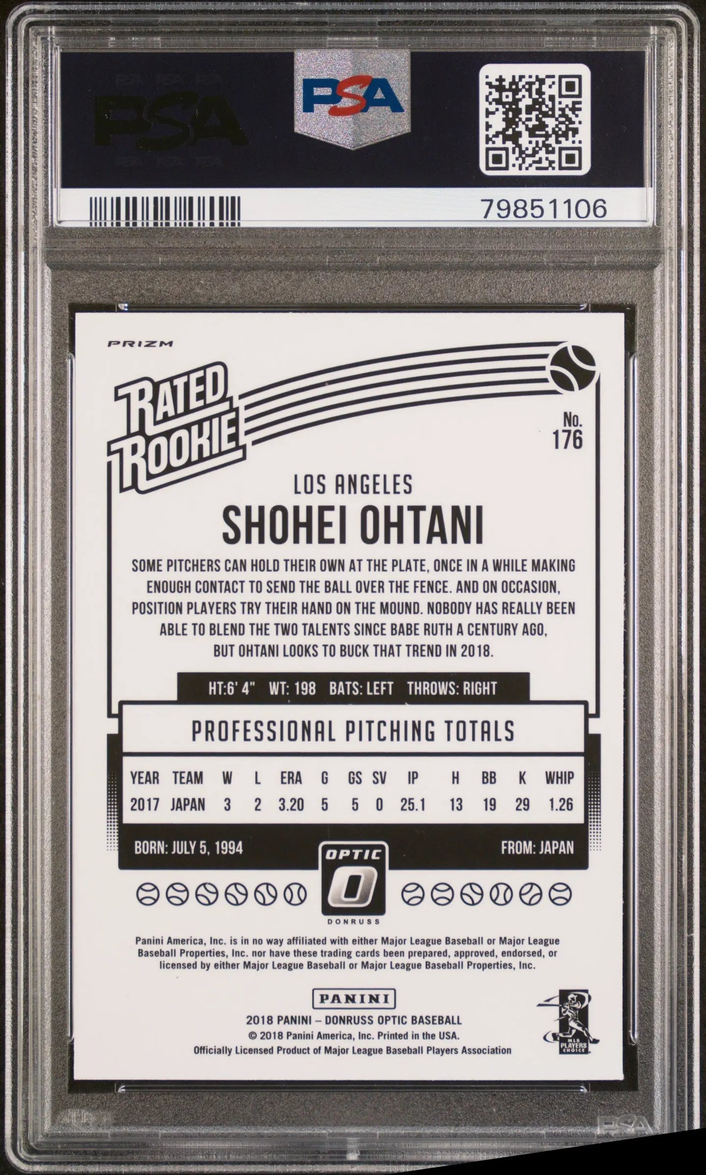 2018 Panini Donruss Optic Shohei Ohtani Rated Rookie RC Holo PSA 10 