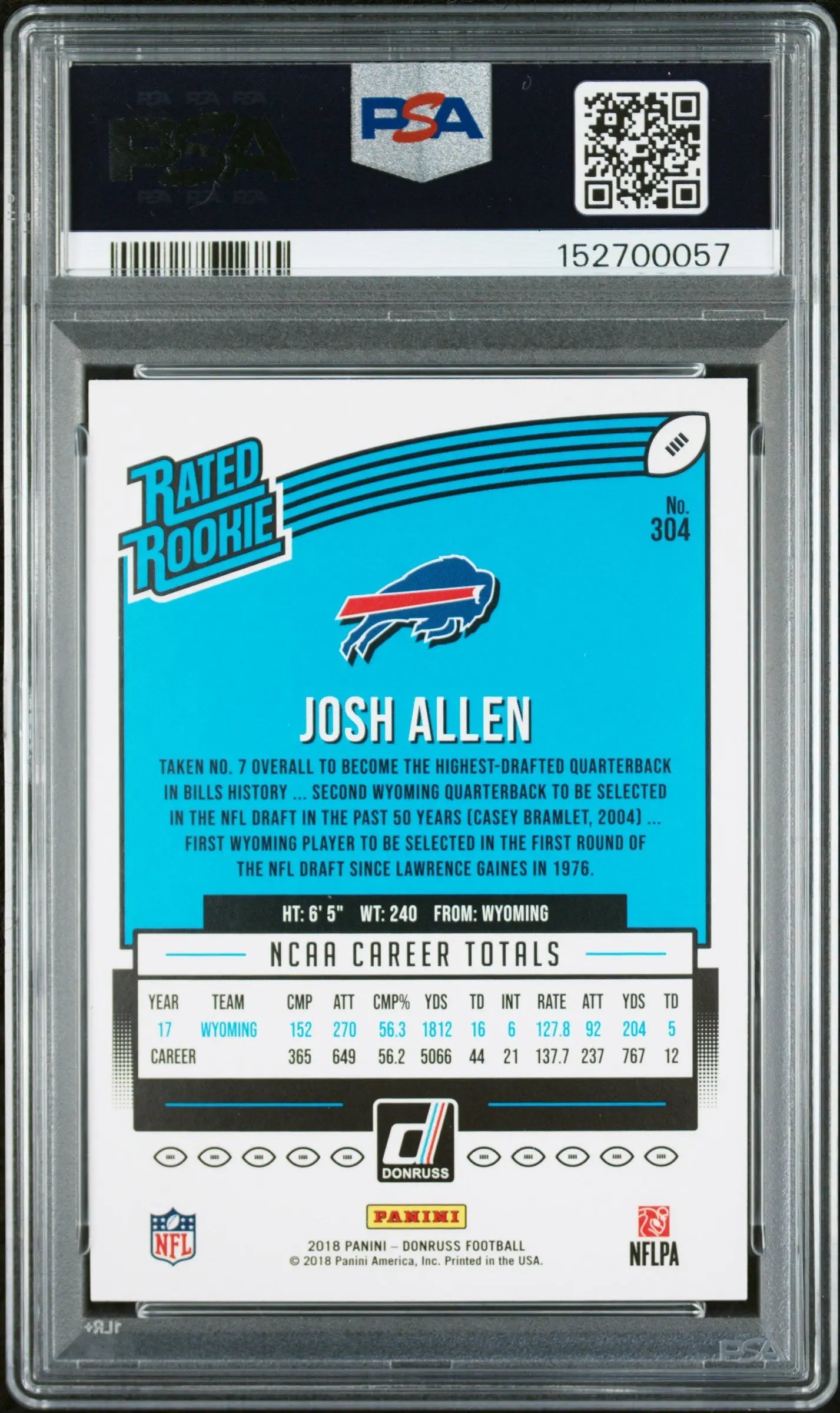 2018 Panini Donruss Rated Rookie Josh Allen RC PSA 8 
