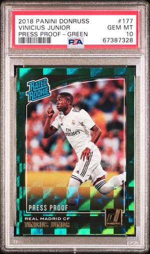 2018 Panini Donruss Vinicius Junior Rated Rookie RC Press Proof Green PSA 10 