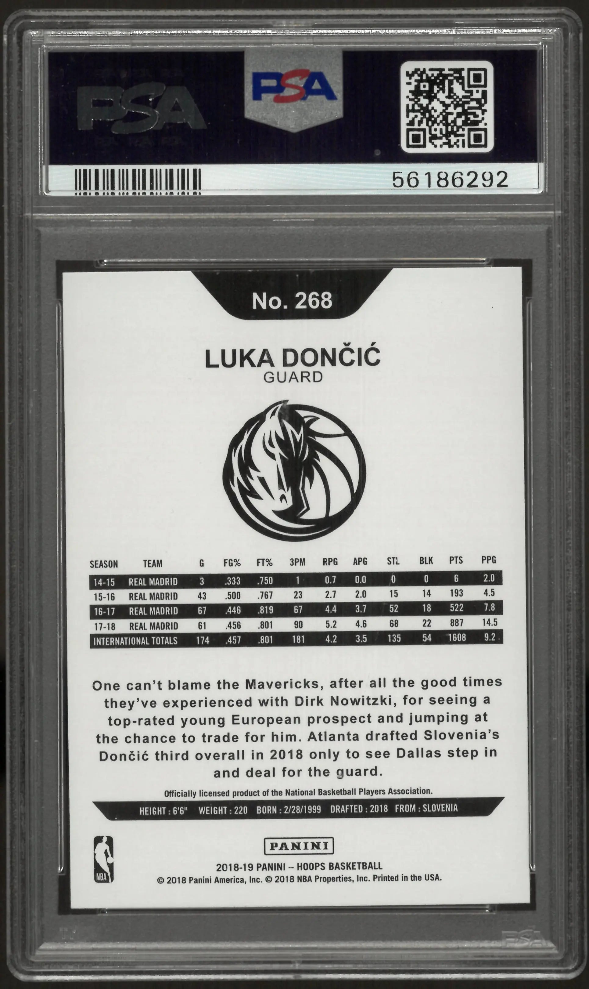 2018 Panini Hoops Basketball Luka Doncic RC Rookie #268 PSA 10 