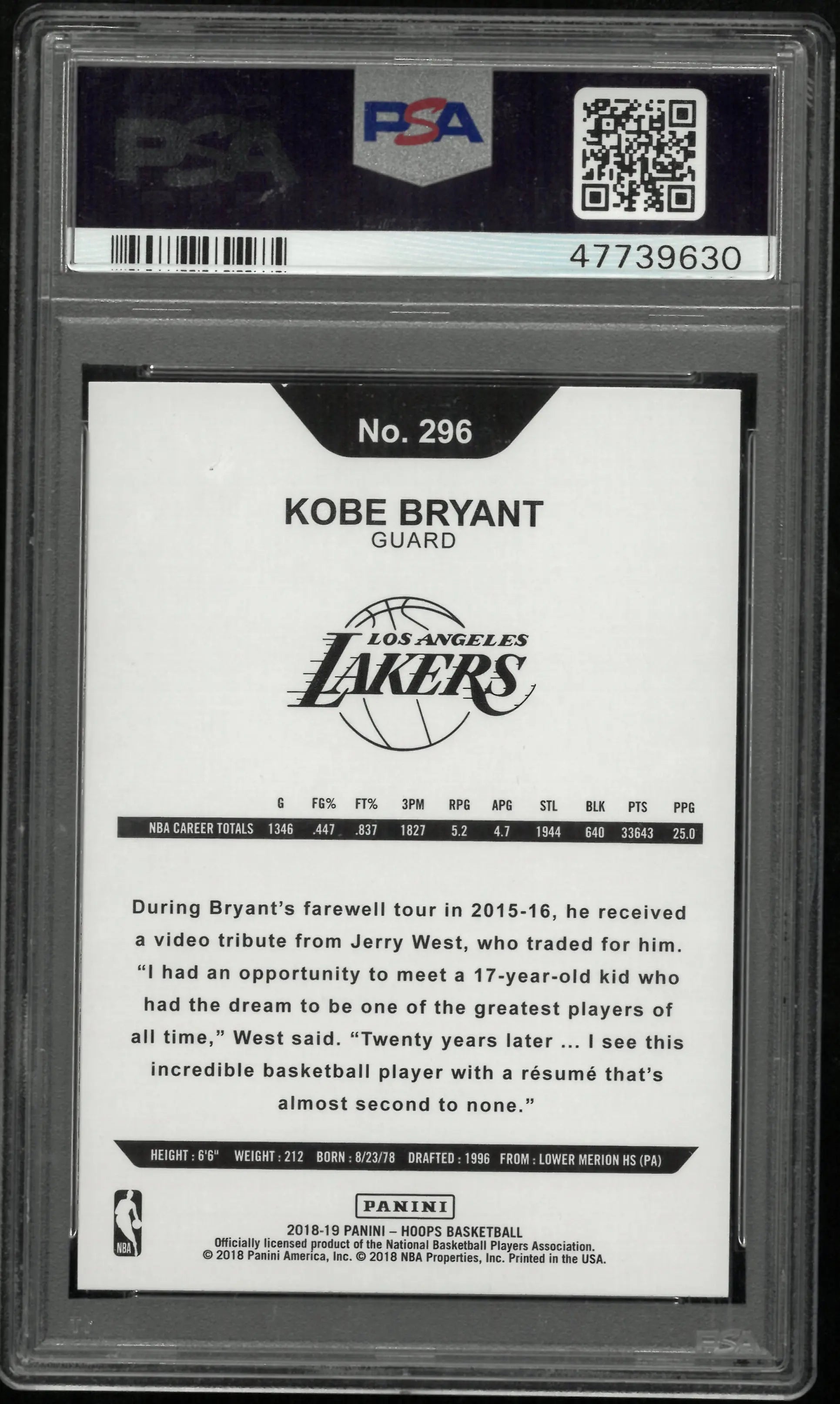 2018 Panini Hoops Kobe Bryant #296 PSA 9 