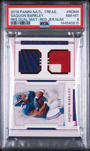 2018 Panini National Treasures Red Rookie Dual Material Saquon Barkley /26 PSA 8 