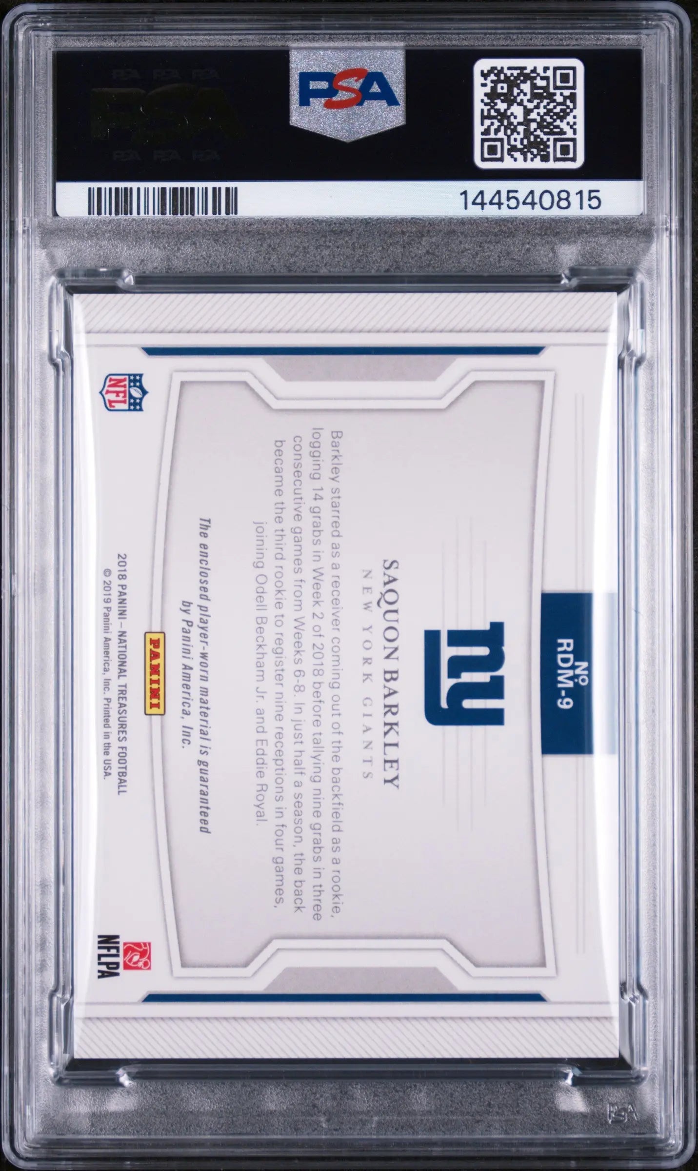 2018 Panini National Treasures Red Rookie Dual Material Saquon Barkley /26 PSA 8 