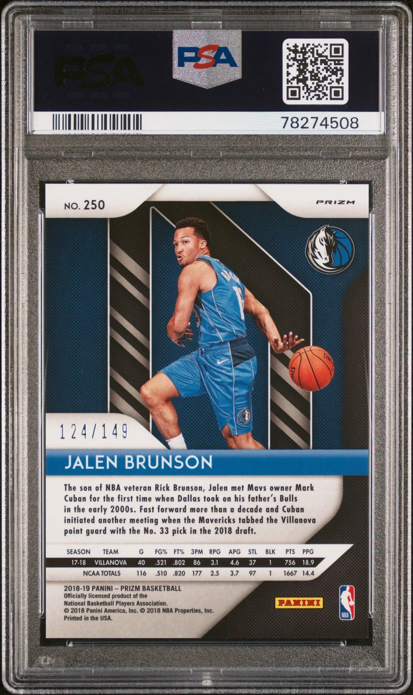 2018 Panini Prizm Jalen Brunson RC Rookie Purple Ice Prizm PSA 10 /149 