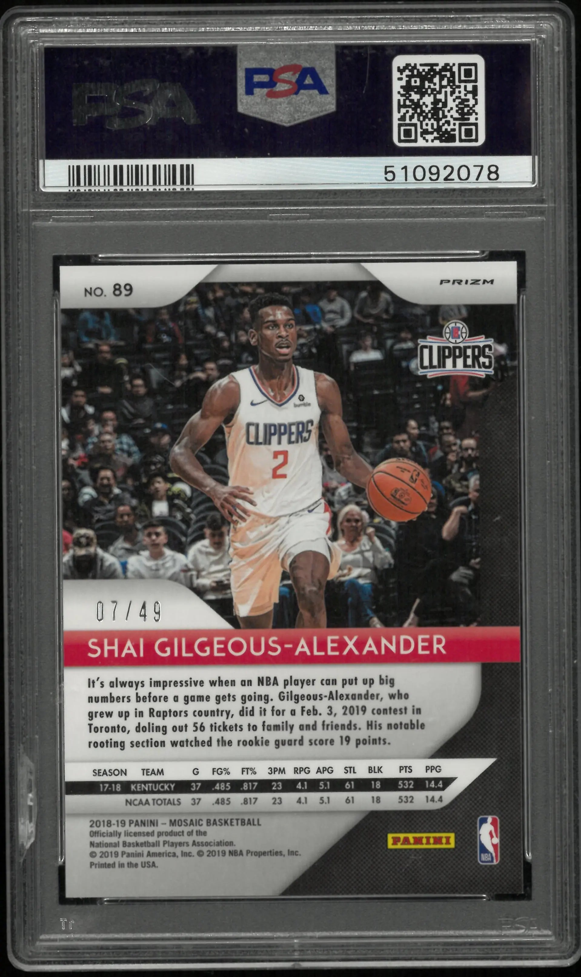 2018 Panini Prizm Mosaic Shai Gilgeous-Alexander RC Purple PSA 9 /49 